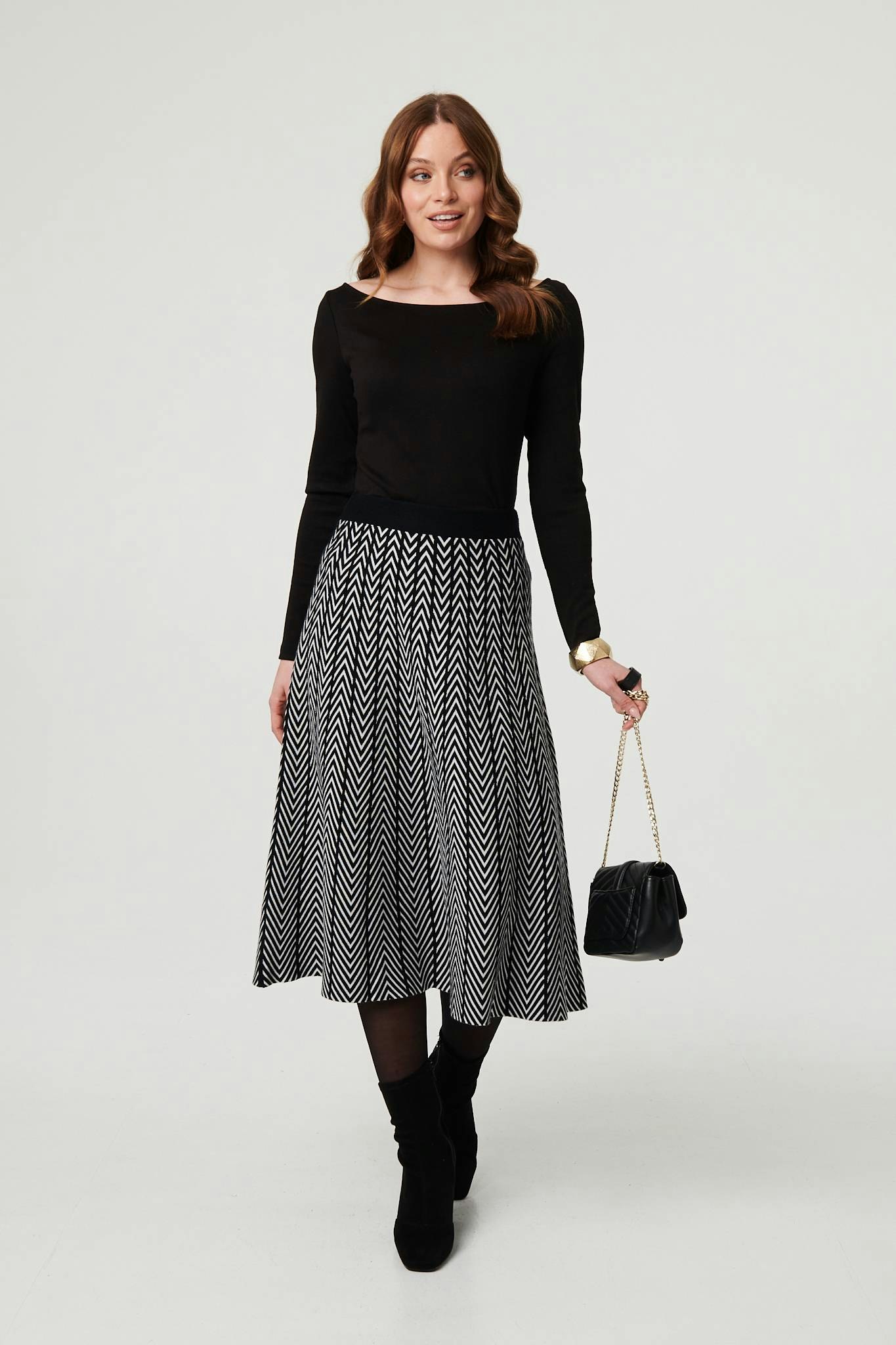 Izabel London Black Chevron Print High Waist Knit Midi Skirt - 10