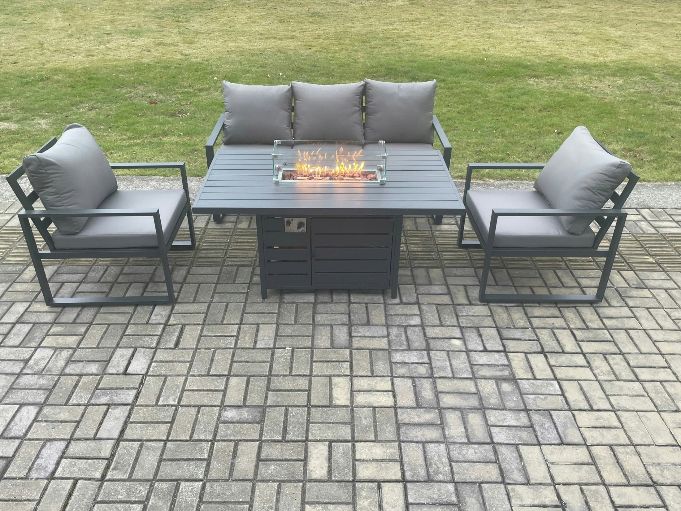 Rackhams Dark/Grey Aluminium Outdoor Garden Furniture Set Gas Fire Pit Dining Table Set Gas Heater Burner With 2 Arm Chair 5 Seater