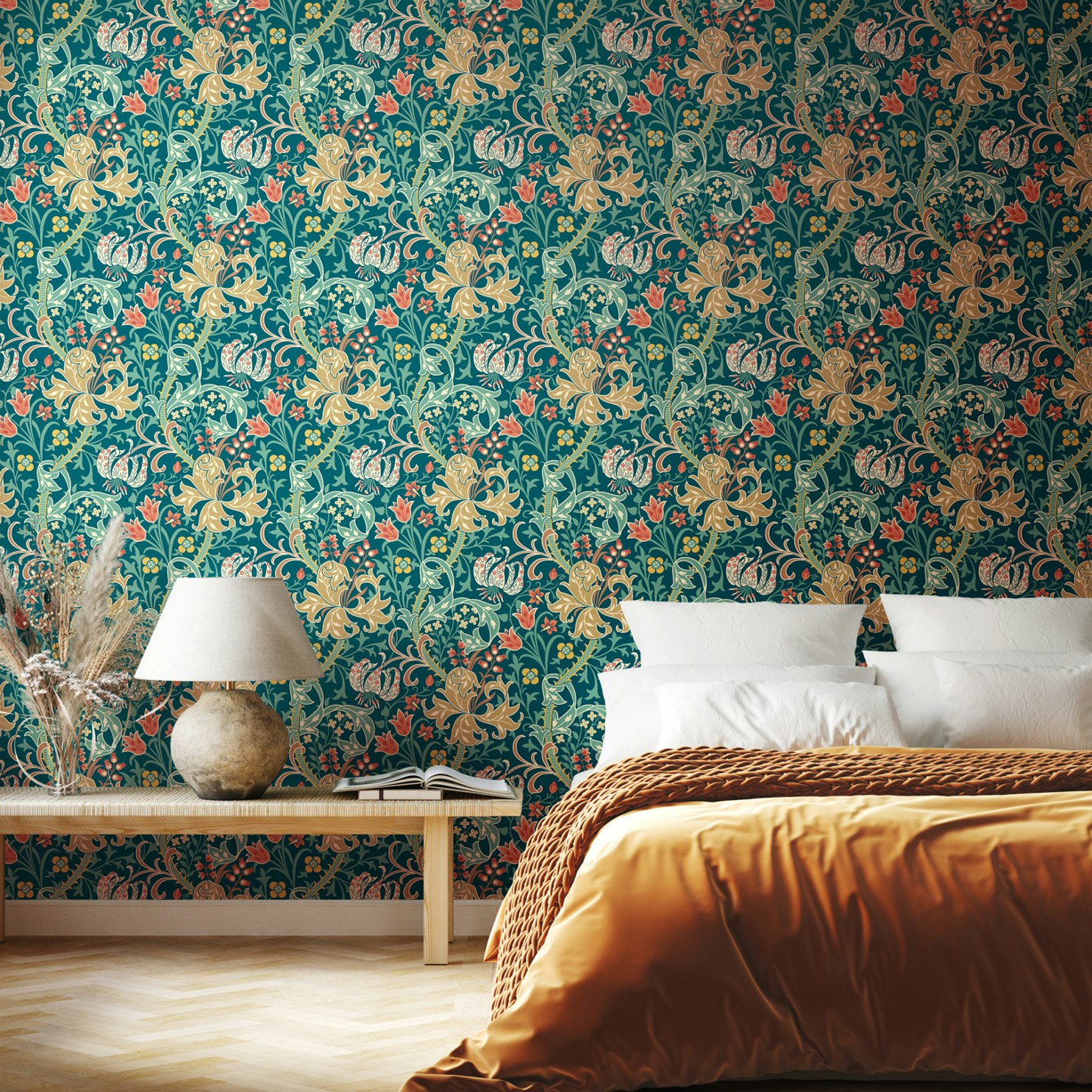 Rackhams Lily Ogee - Teal 10M Wallpaper - Teal