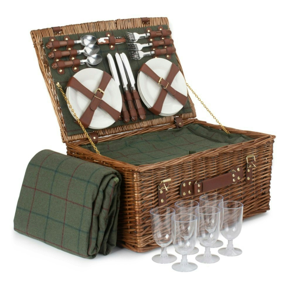 Rackhams Green 6 Person Tweed Classic Picnic Basket - 6 Person