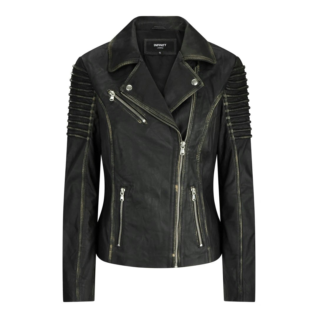 Aviatrix Women's Black/Gold Leather Biker Jacket - Uk 18