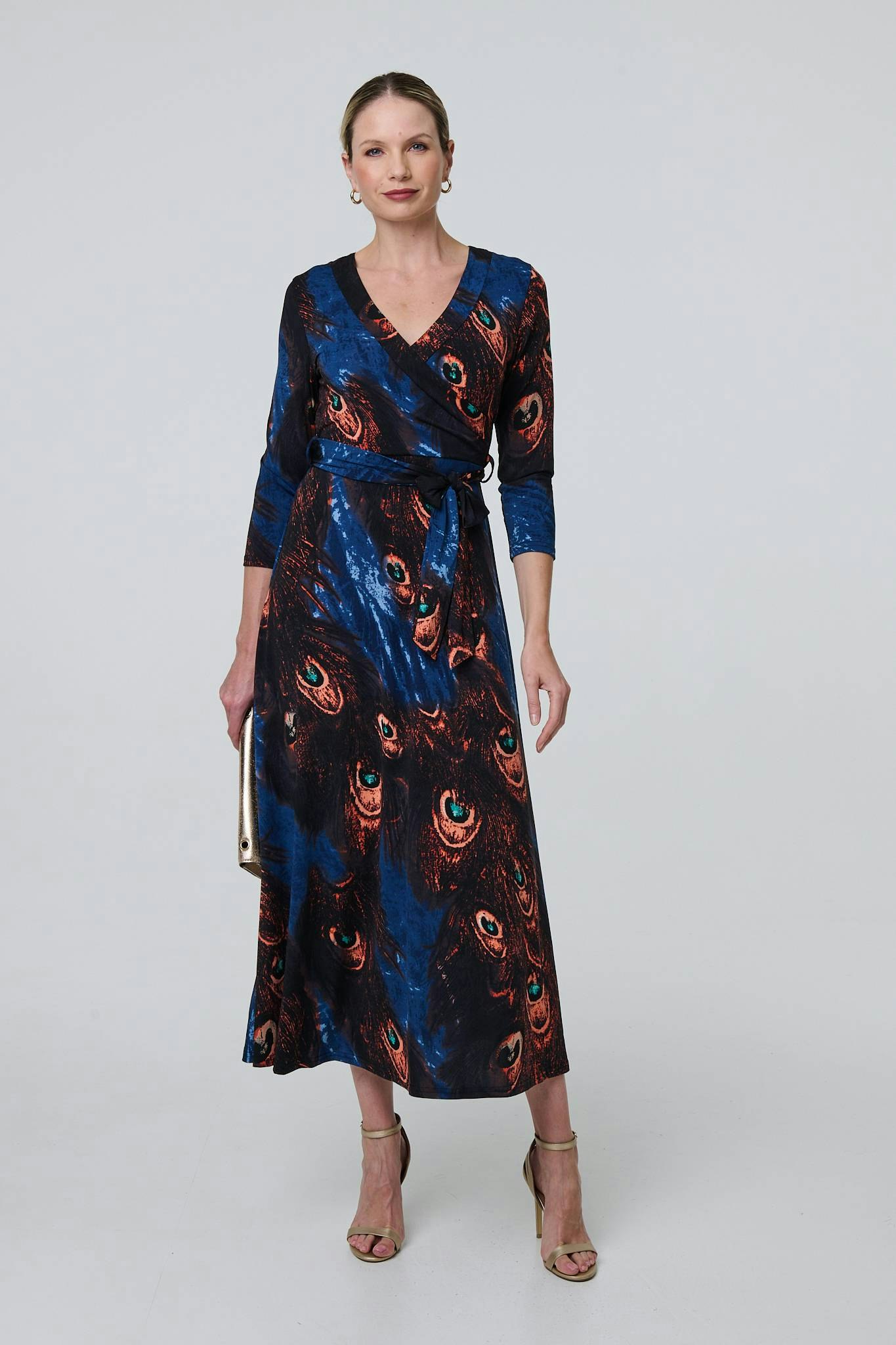 Izabel London Blue Peacock Print 3/4 Sleeve Wrap Maxi Dress - 10