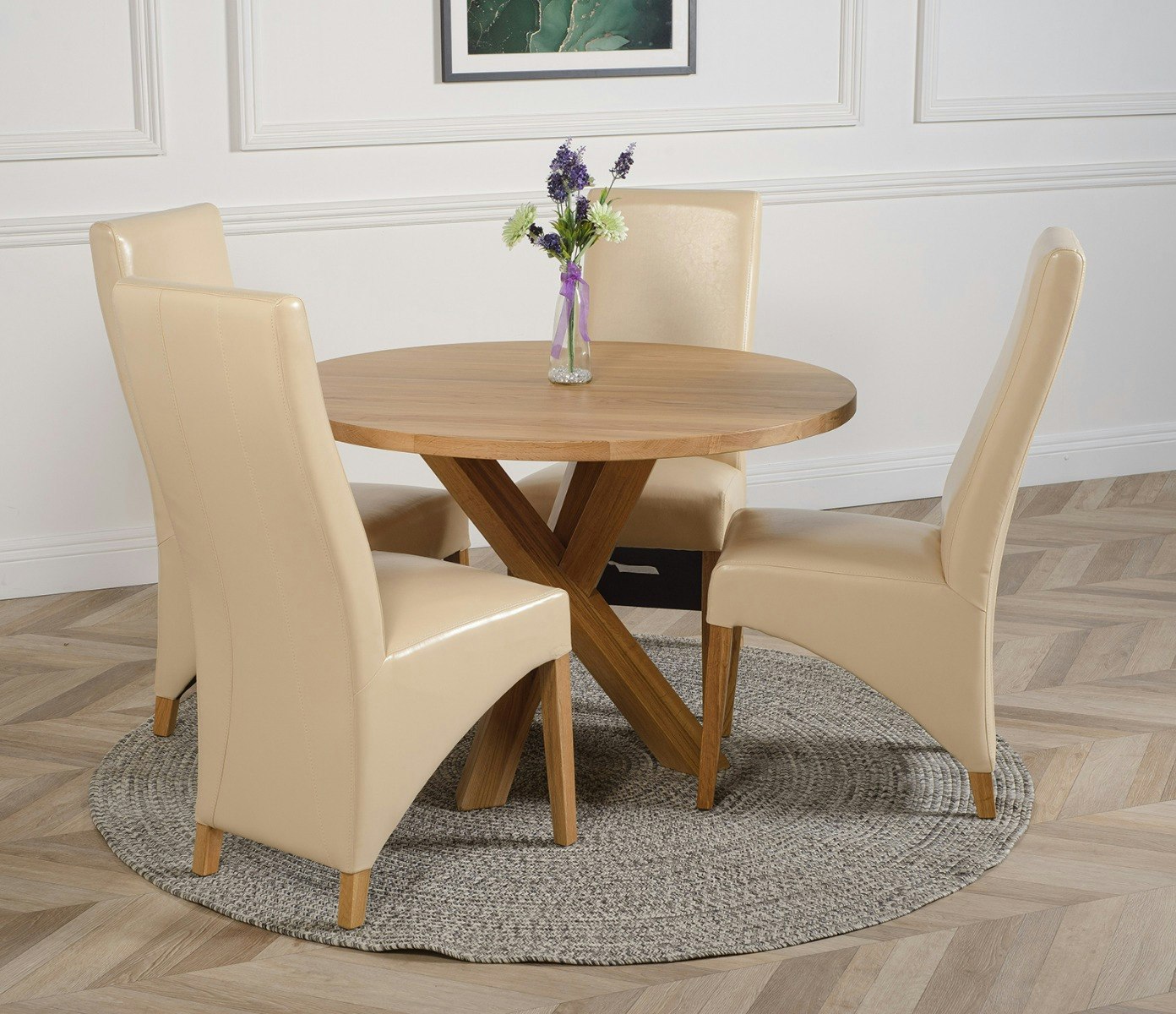 That's Furniture Ivory Oregon Round Oak Dining Table With Lola Leather Chairs - 1 - 4 Chairs
