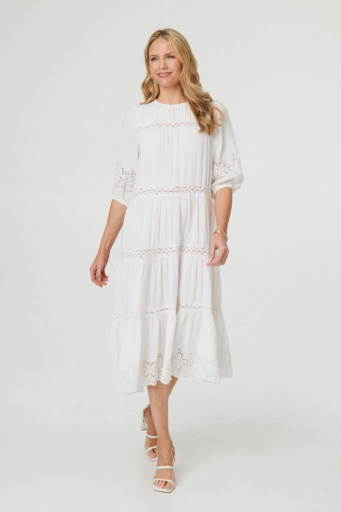 Izabel London White Broderie Anglaise Trim Tiered Midi Dress - 8