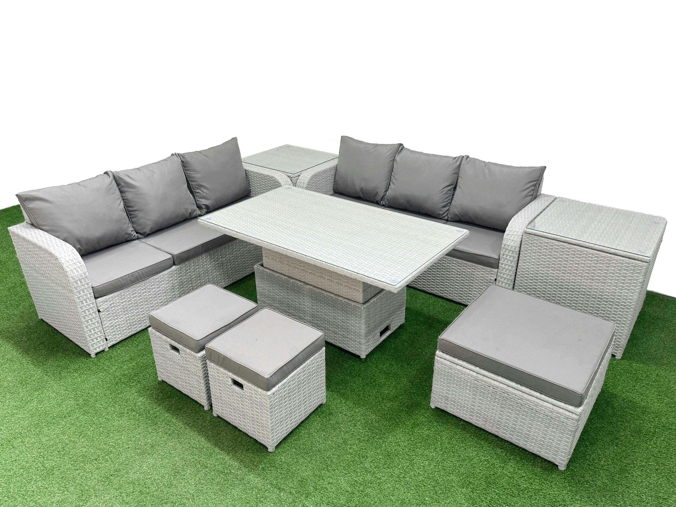 Rackhams Light/Grey 9 Seater Outdoor Lounge Set, Wicker Rattan, Adj Height Table, High Back Sofa, 3 Stools And 2 Side Tables,