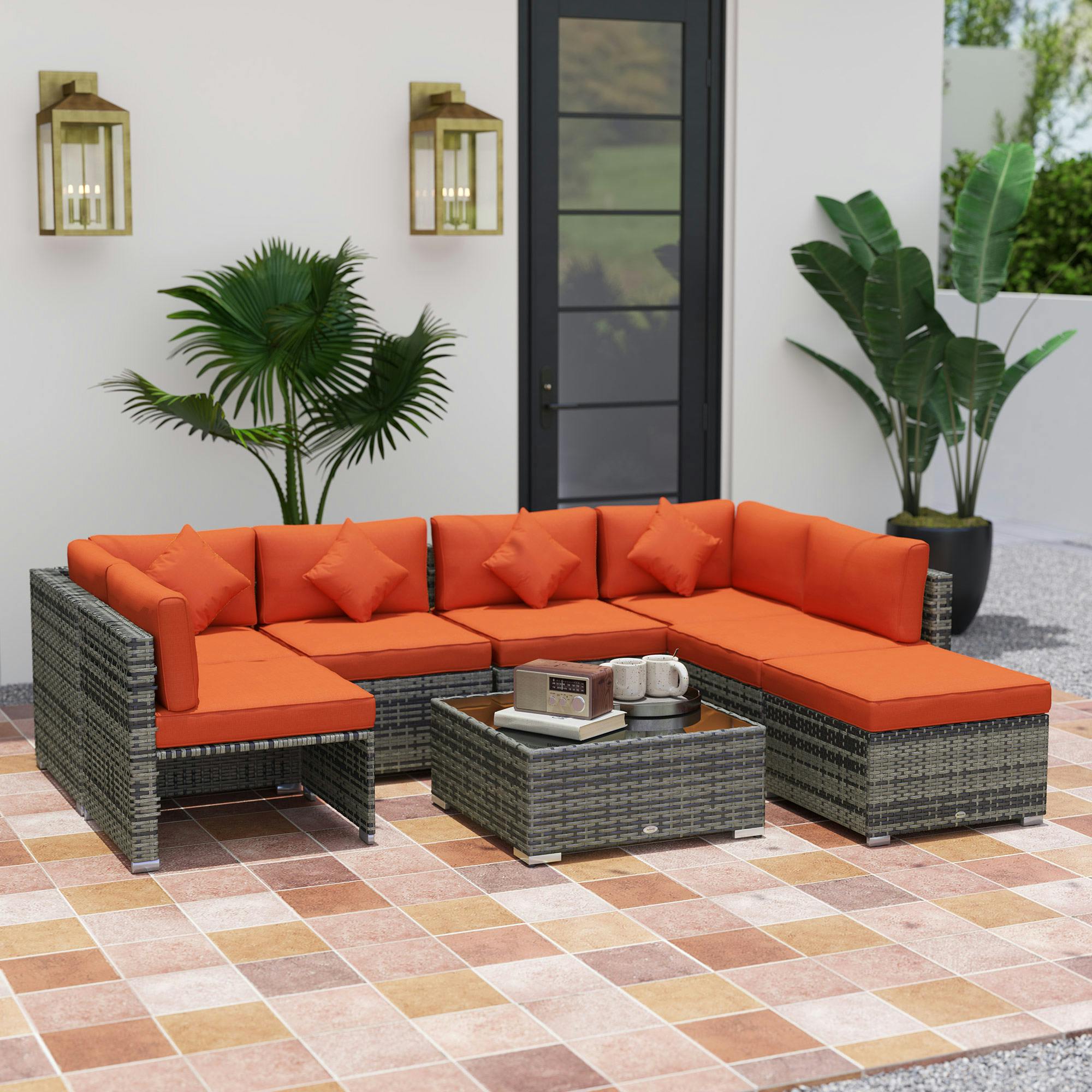 Rackhams Orange 8Pc Rattan Sofa Garden Furniture Aluminium Outdoor Patio Set - 73Cmx73cmx65cm