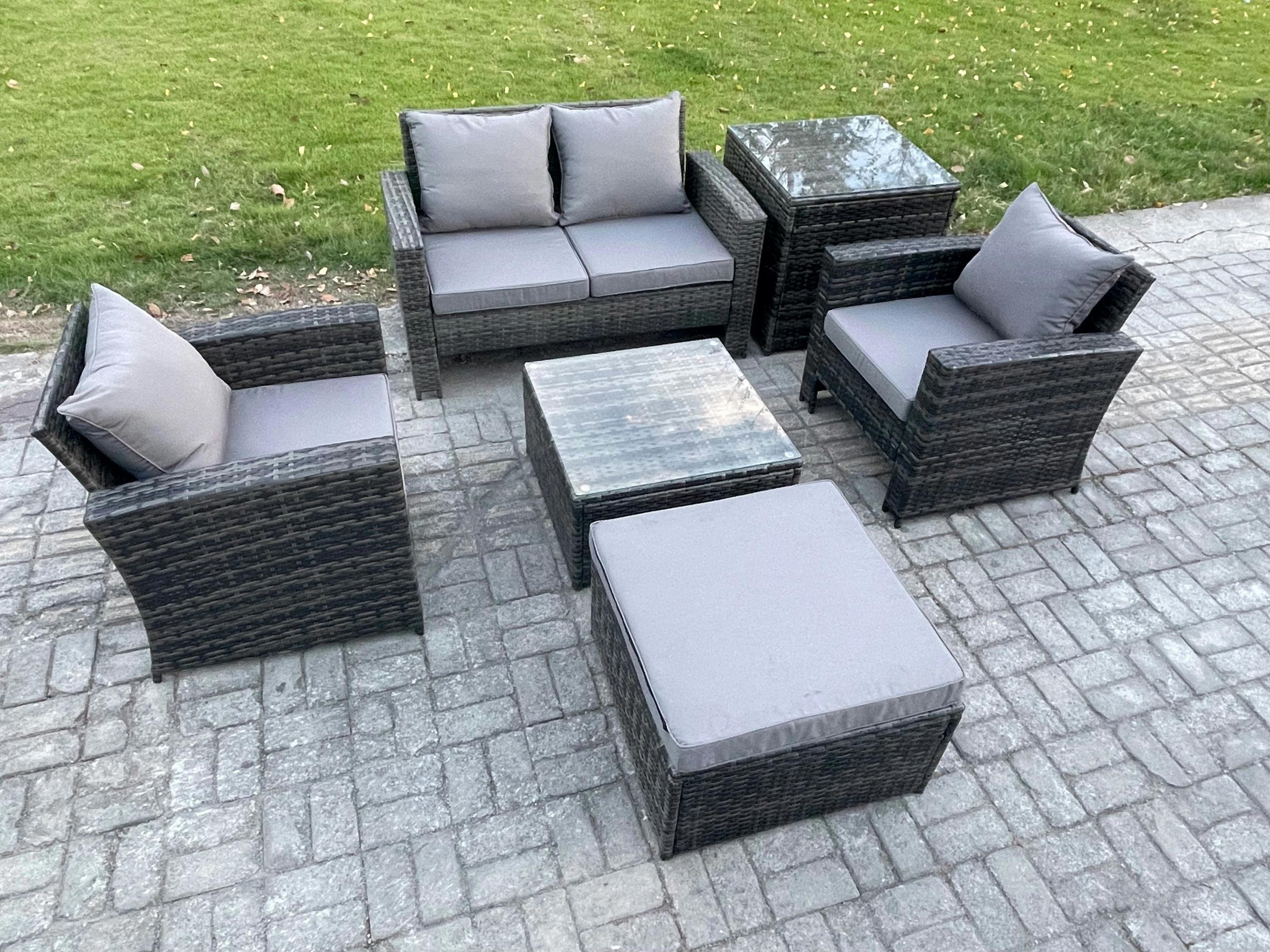 Fimous Dark/Grey 6 Pcs Outdoor Lounge Sofa Set, Wicker Pe Rattan, Armchair, Square Coffee Table, Double Seat Sofa, Big Footstool And Side Table, Mixed