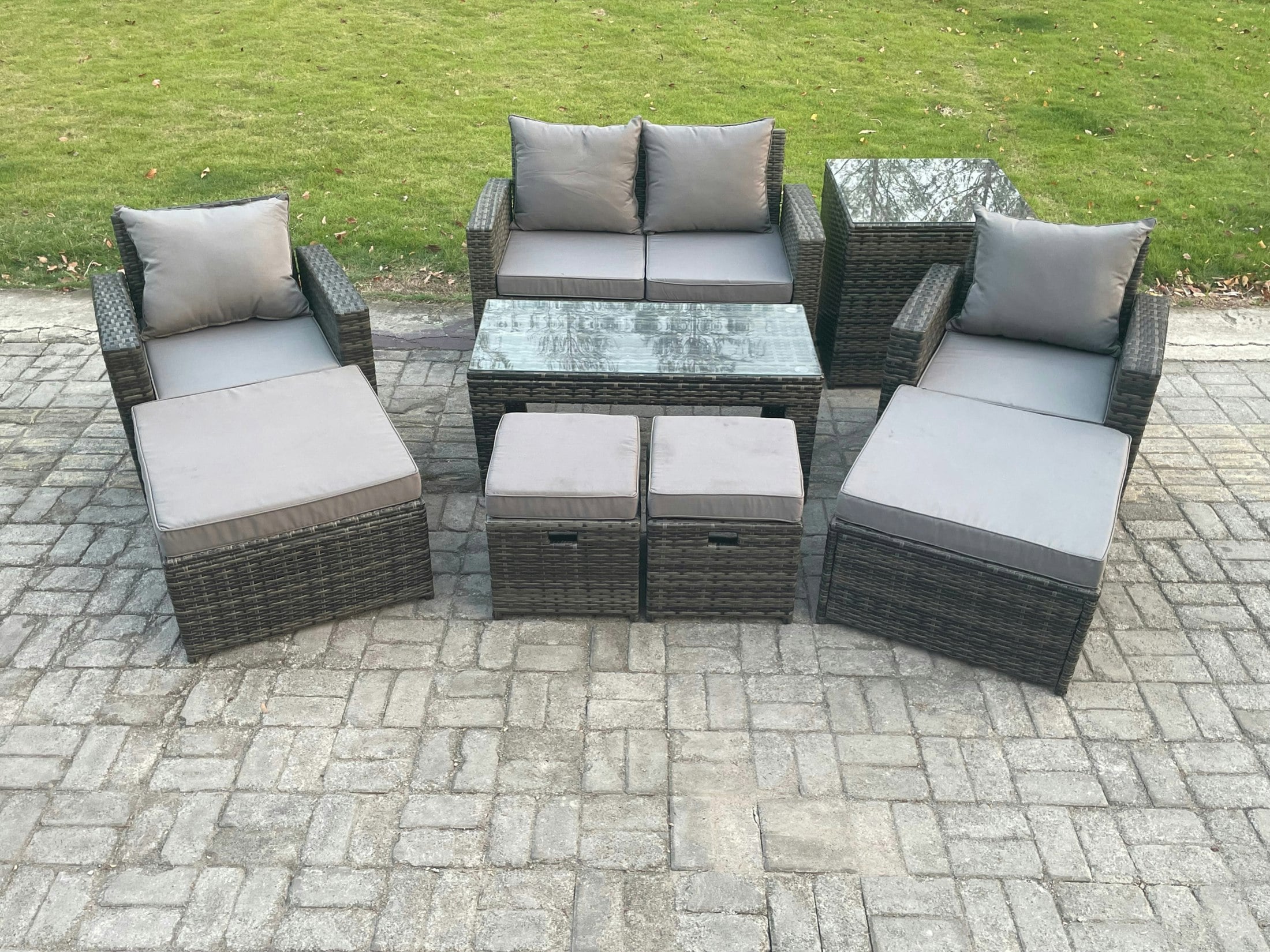 Rackhams Dark/Grey High Back Rattan Garden Sofa Set - Mixed Patio Furniture With Rectangular Coffee Table, Armchair & 2 Big Footstools