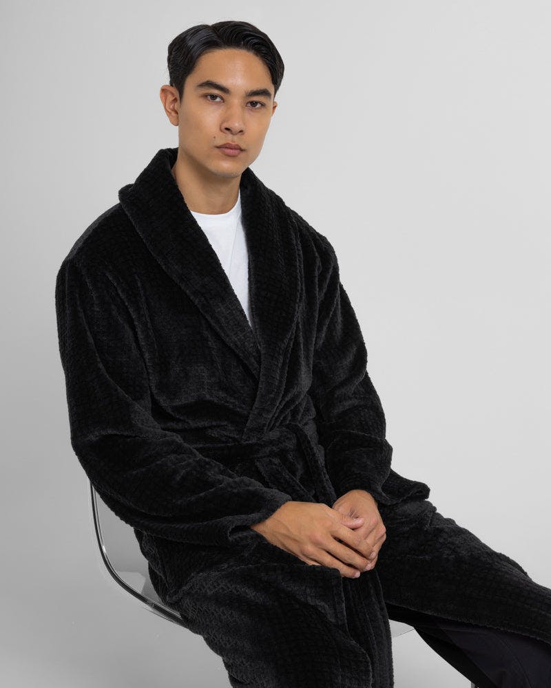 Steel & Jelly Black Osterley - Waffle Texture Supersoft Fleece Dressing Gown - Xl