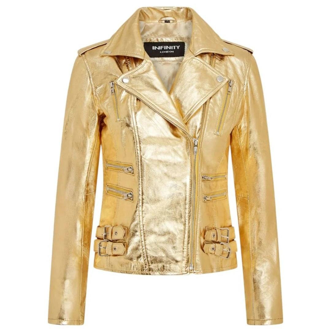 Infinity Leather Women's Gold Leather Company Real Lamb Nappa Leather Vintage Biker Jacket - Uk 18