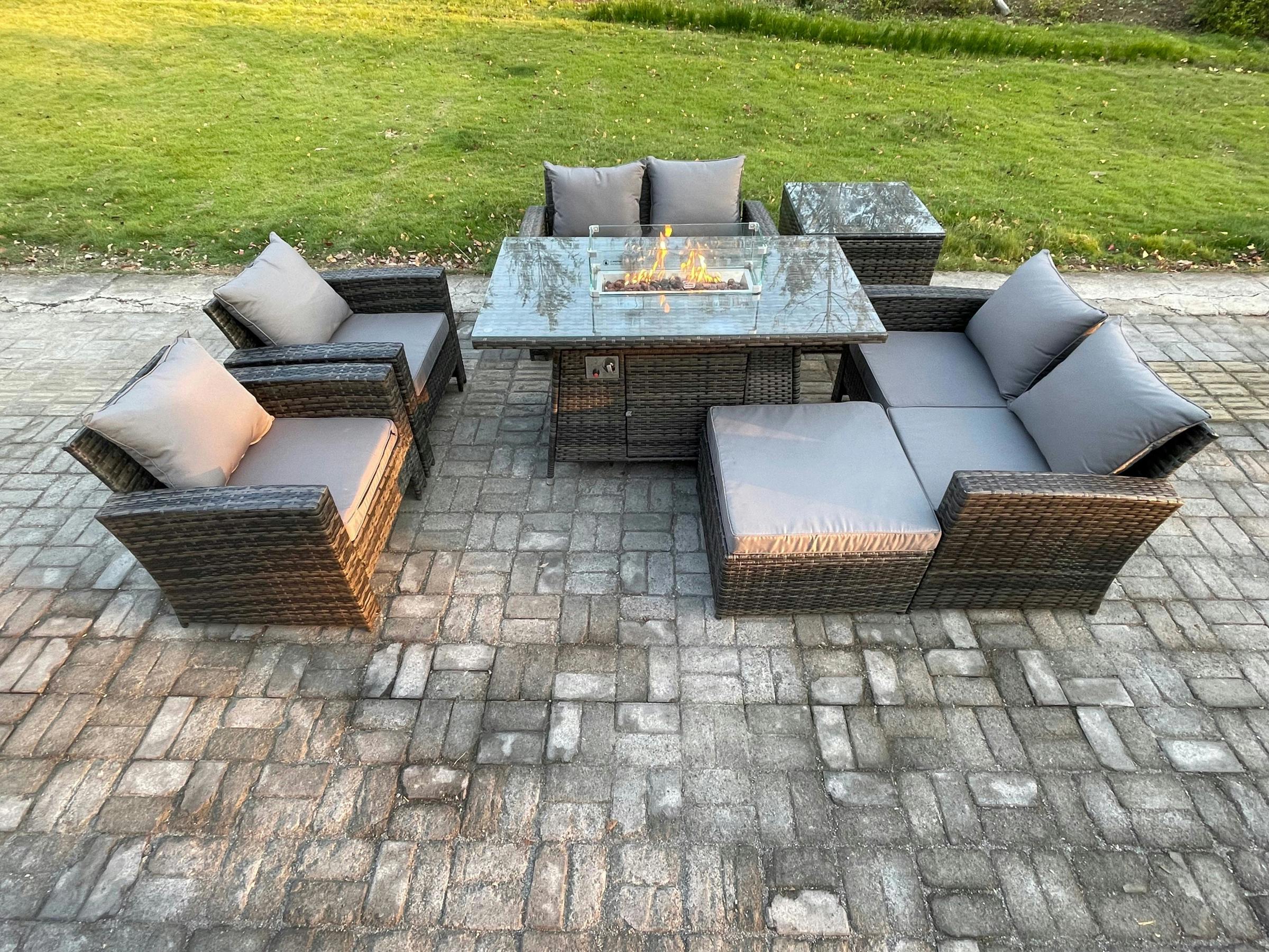 Fimous Dark/Grey 7 Seater Rattan Garden Furniture Set With Firepit Dining Table, 2 Loveseats, 2 Armchairs, 1 Footstool & 1 Side Table