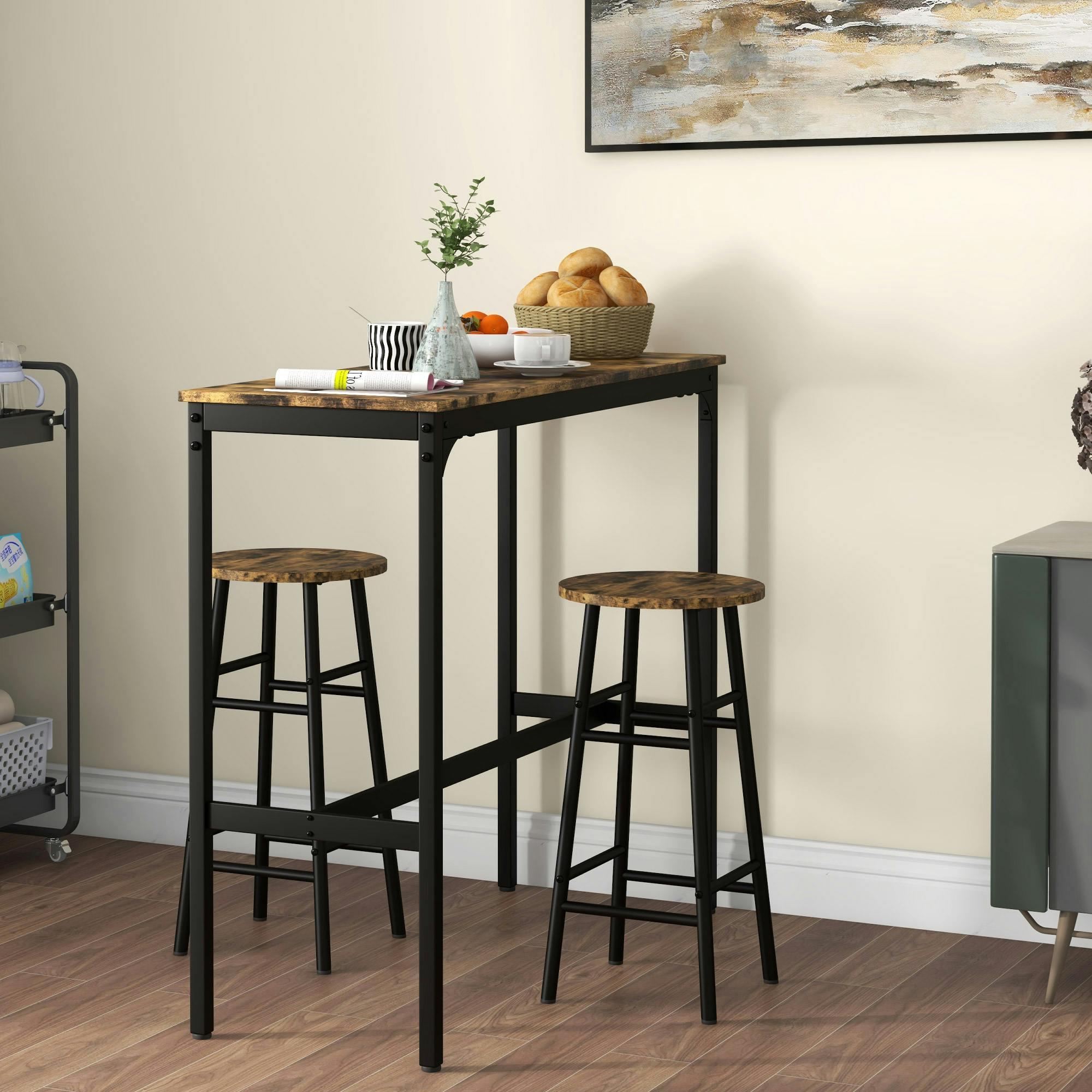 Rackhams Brown/Black 3 Piece Bar Set, Industrial Kitchen And Chair Set Rustic - 3 - Mdf, Steel - Rustic