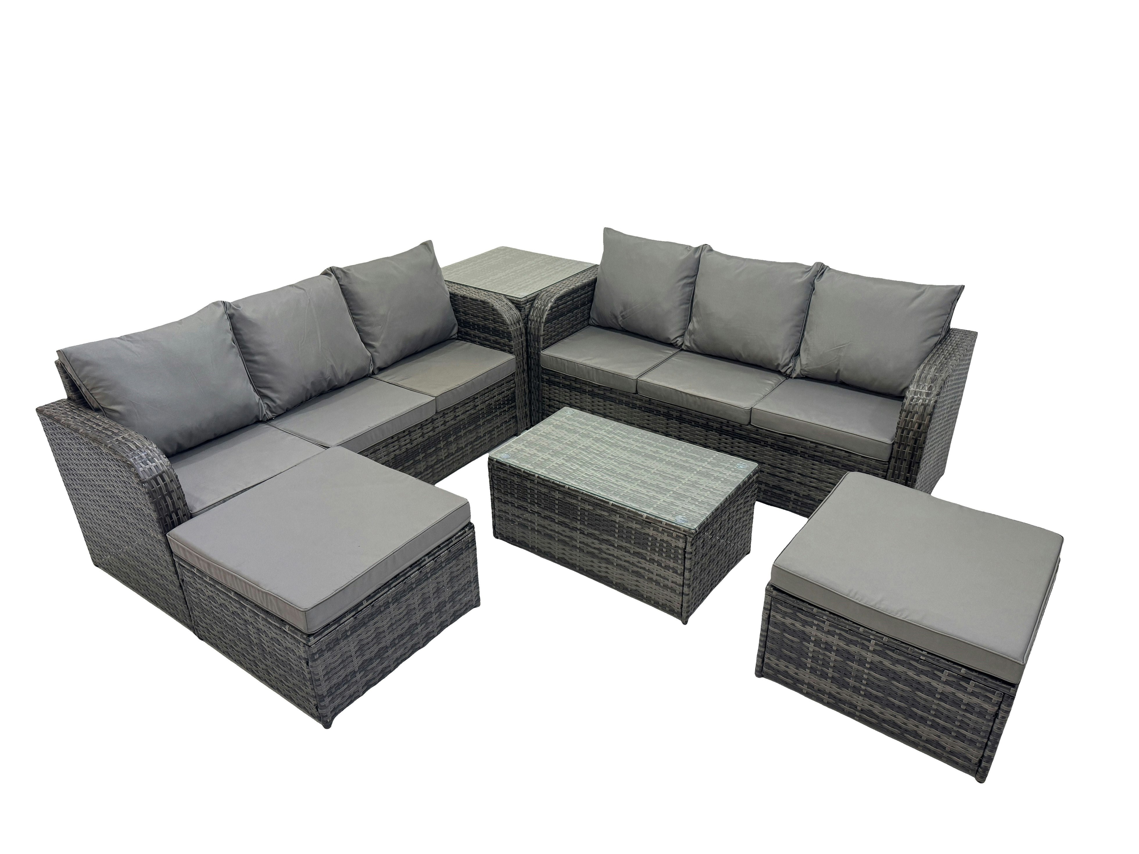Fimous Dark/Grey Outdoor 3 Seater Sofa Coffee Table Set Garden Rattan Furniture Set 8 Seater With 2 Big Stools Side Table
