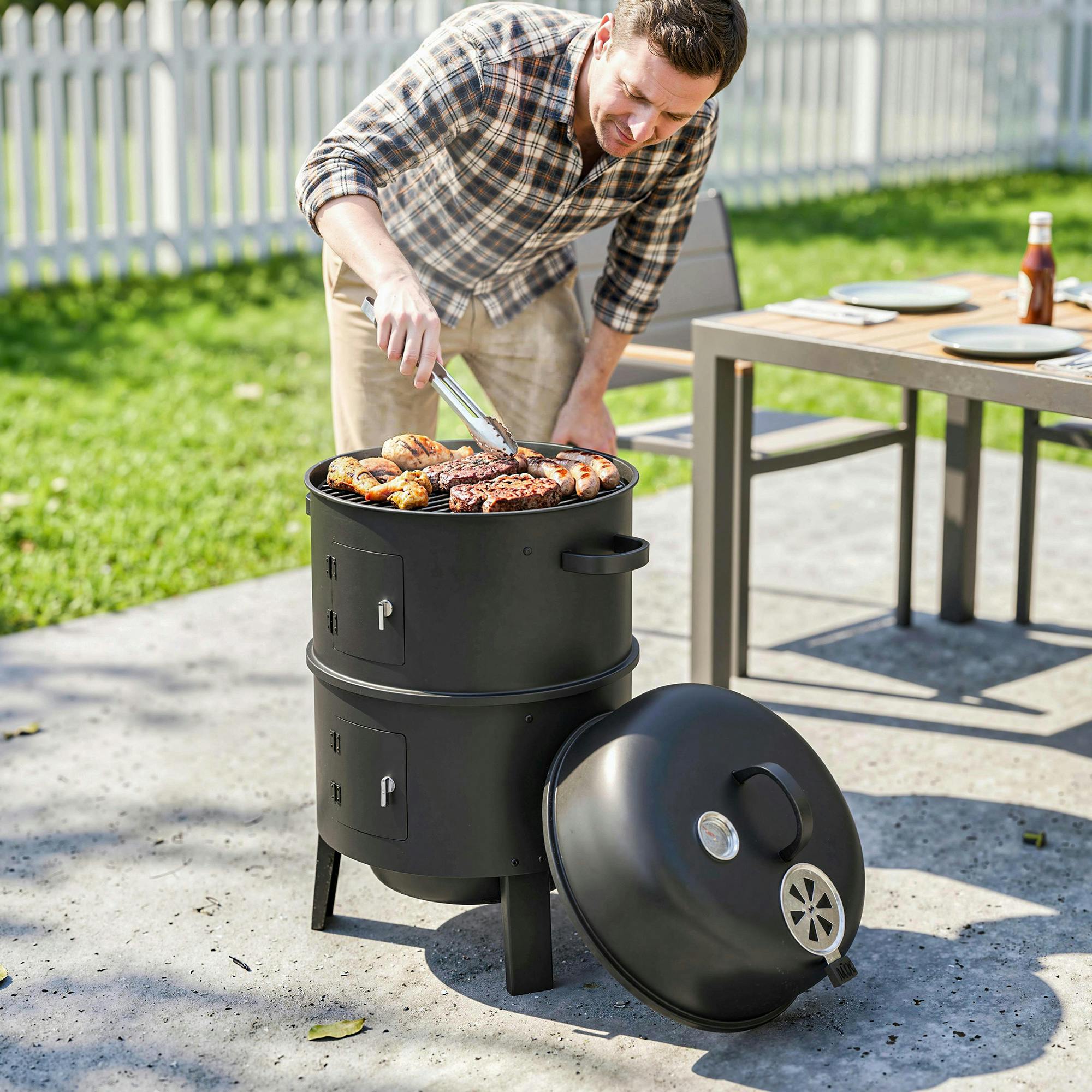 Rackhams Black 3-In-1 Vertical Charcoal Smoker With 2 Grill Grates, Thermometer - Charcoal Smoker - 1 - Steel