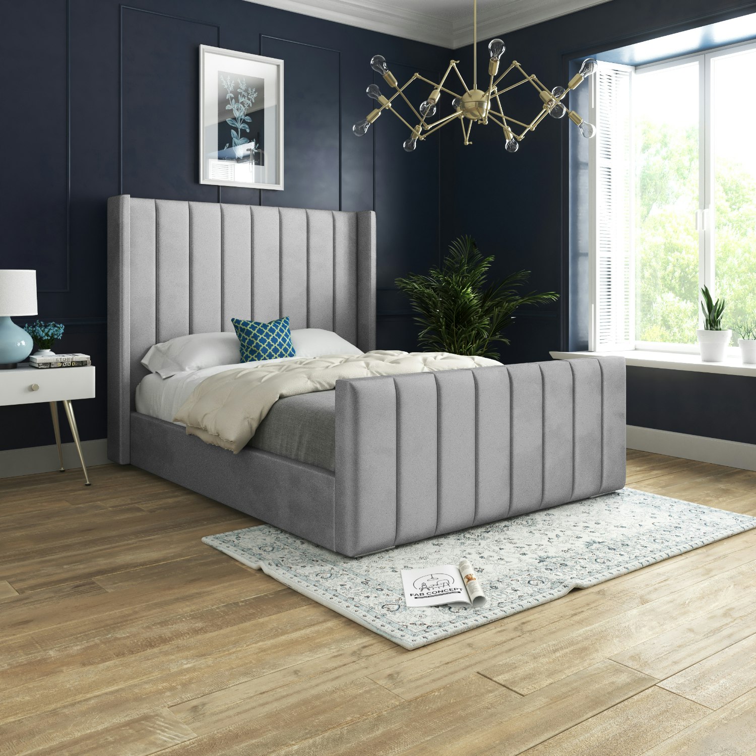Casa Magna Black/Grey Romano Straight Winged Upholstered Soft Velvet Bed Frame - Single