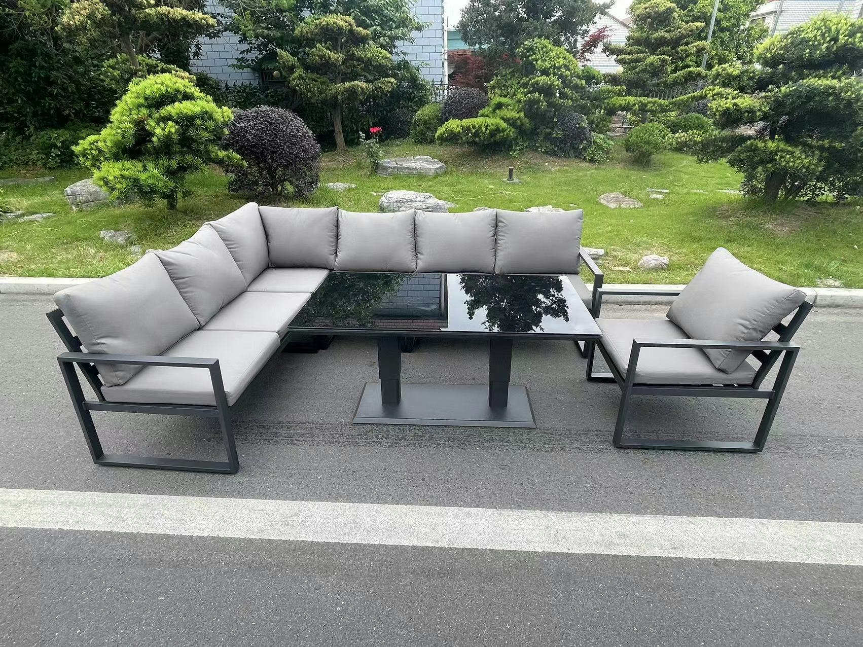 Rackhams Dark/Grey/Black Aluminum Outdoor Garden Furniture Corner Sofa Chair Adjustable Rising Lifting Dining Table Sets Tempered Glass 7 Seater
