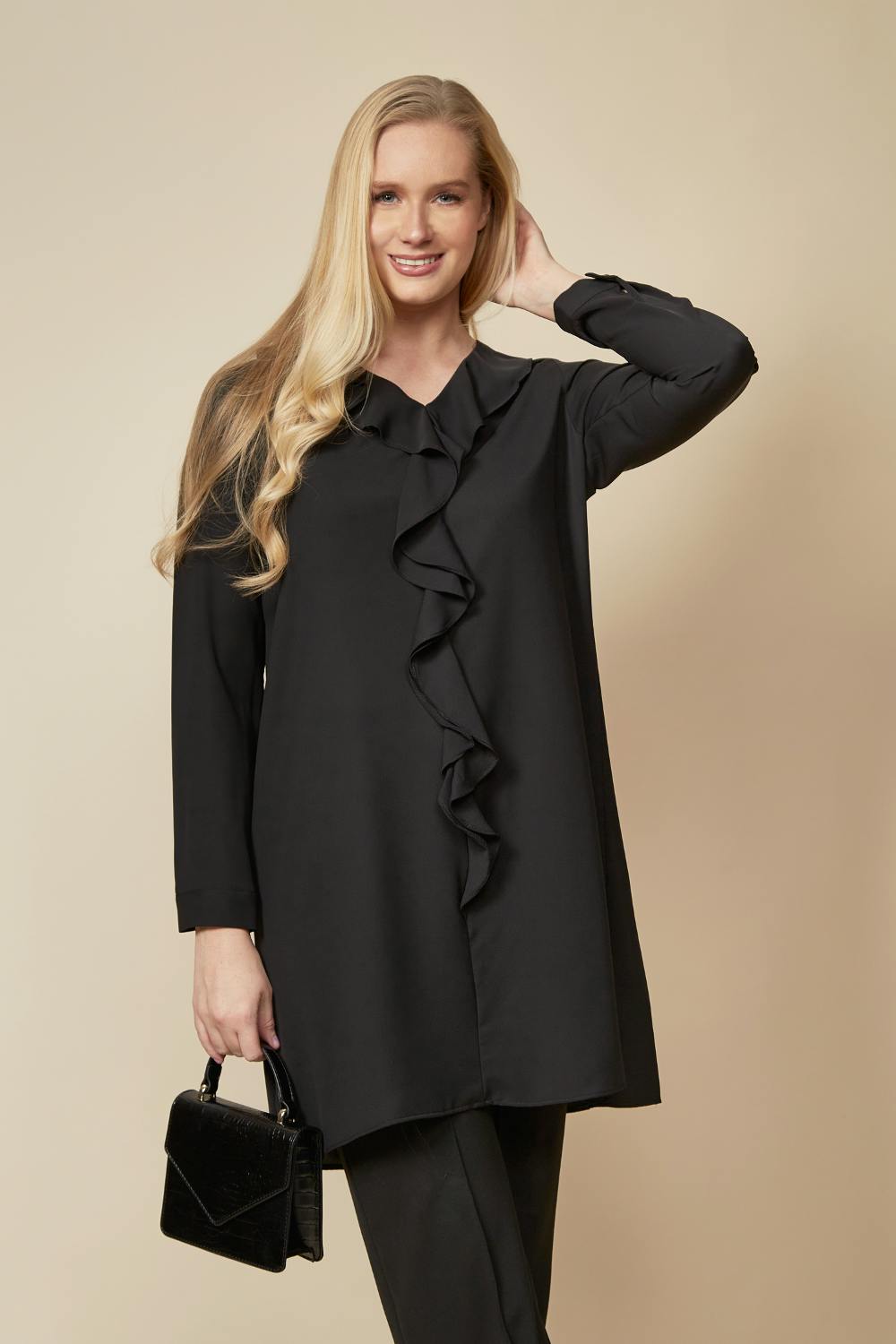Hoxton Gal Black Oversized Tunic With Frill Details In - 8-10