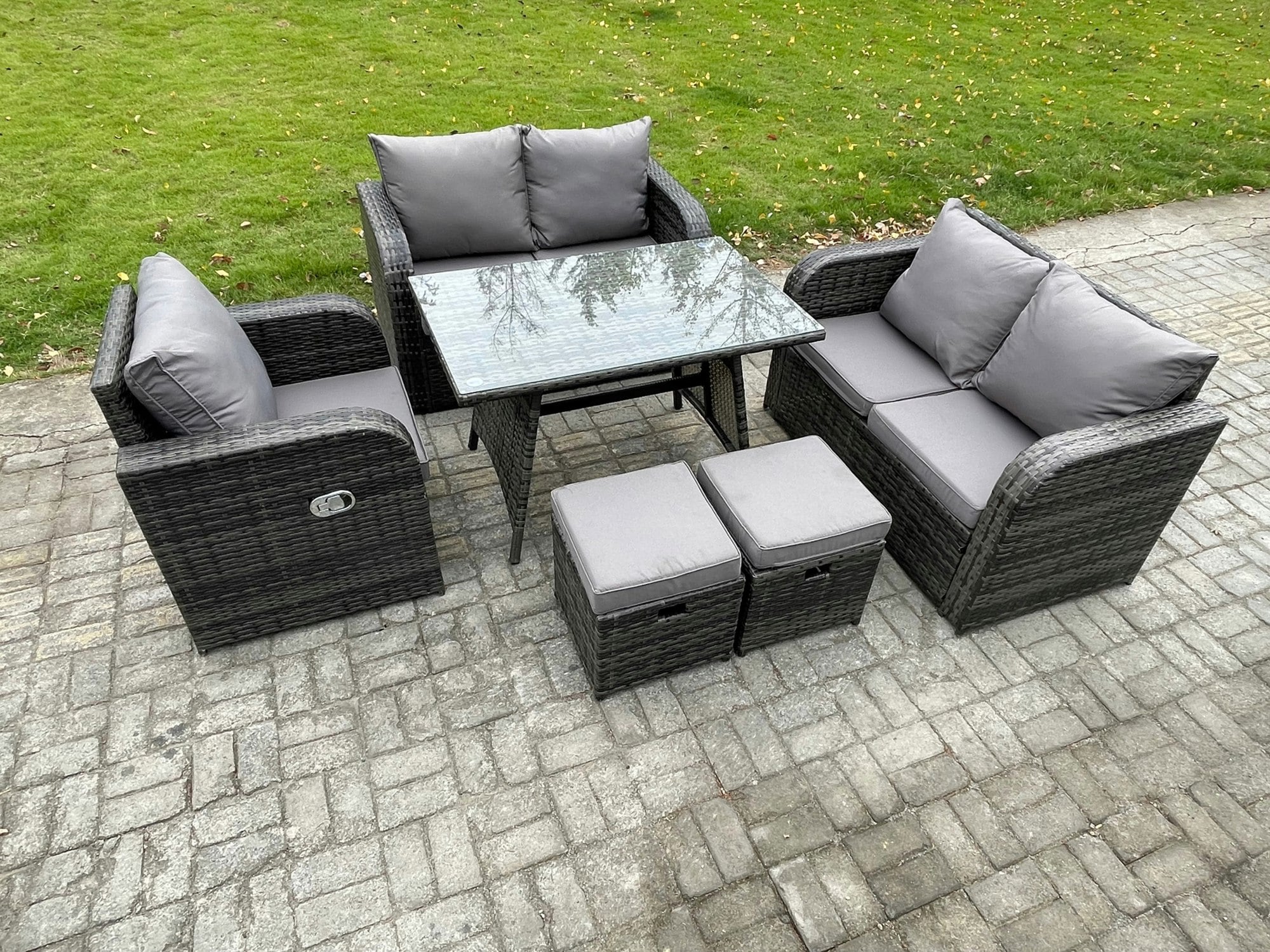 Rackhams Dark/Grey 6 Pieces Outdoor Garden Dining Sets Rattan Furniture With Dining Table Armchairs Love Sofa 2 Small Footstools Mixed