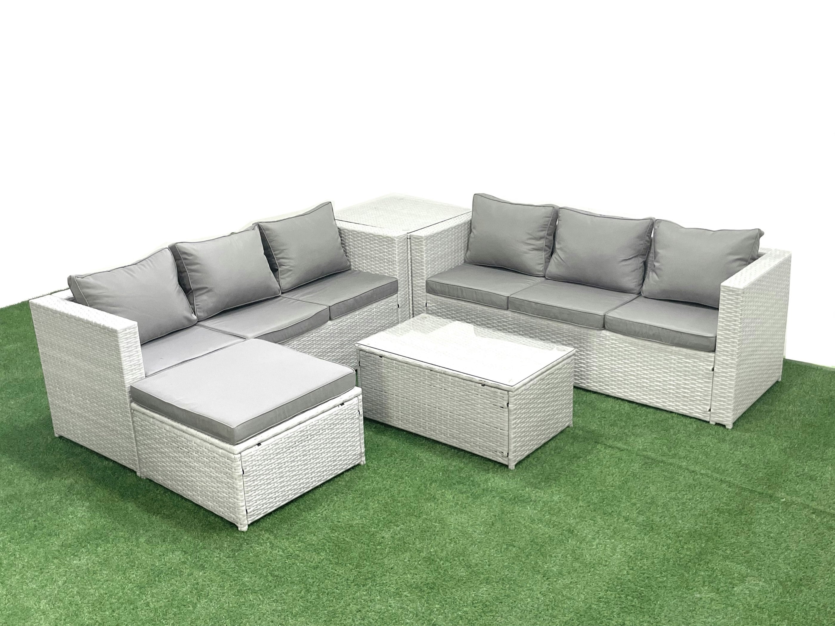 Fimous Light/Grey Garden Outdoor Pe Rattan Furniture Set 7 Seater Rattan Garden Sofa Set With Big Footstool Side Table Mixed