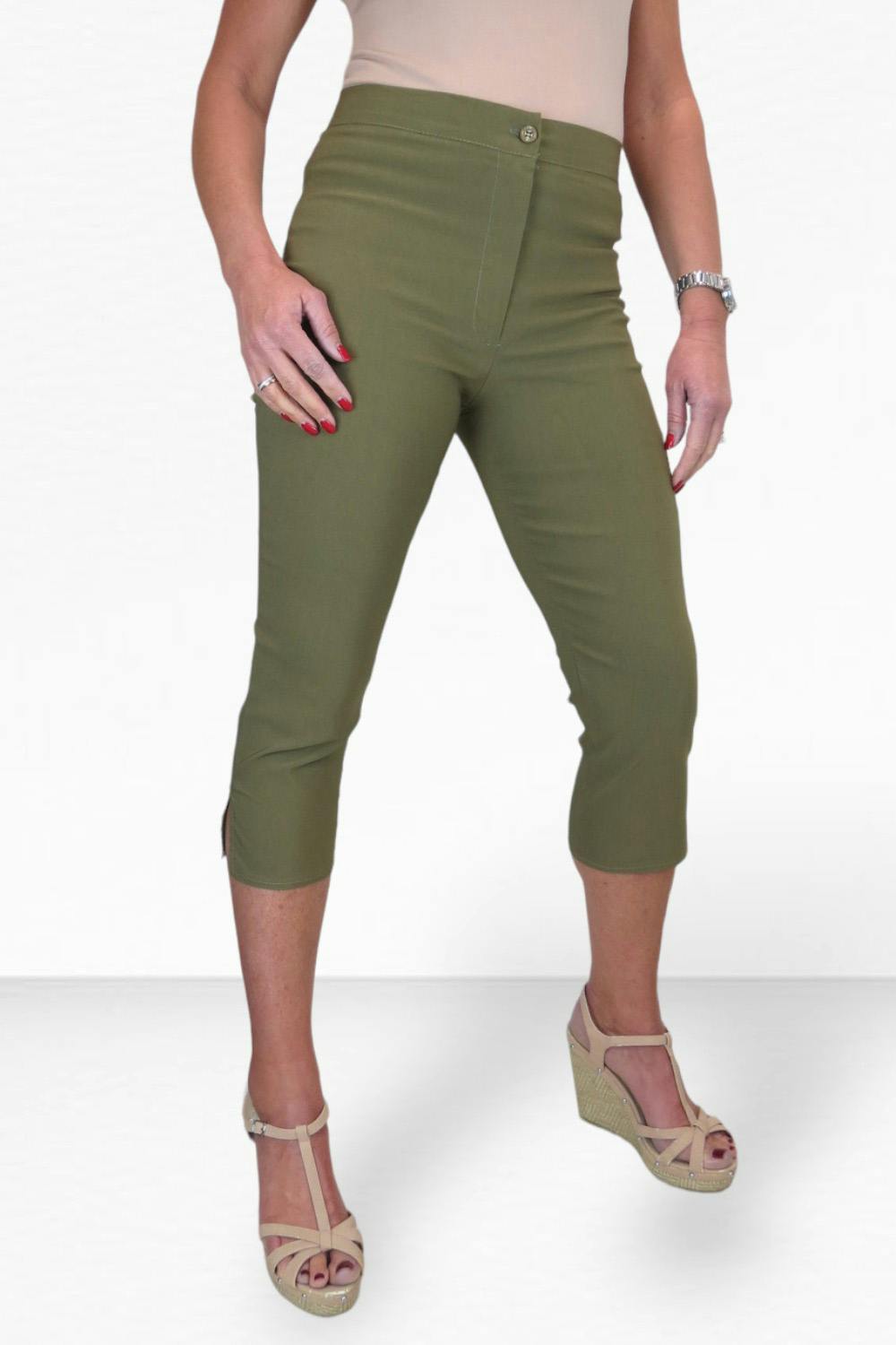Paulo Due Women's Slim Cropped Capri Stretch Trousers - 14 - Olive