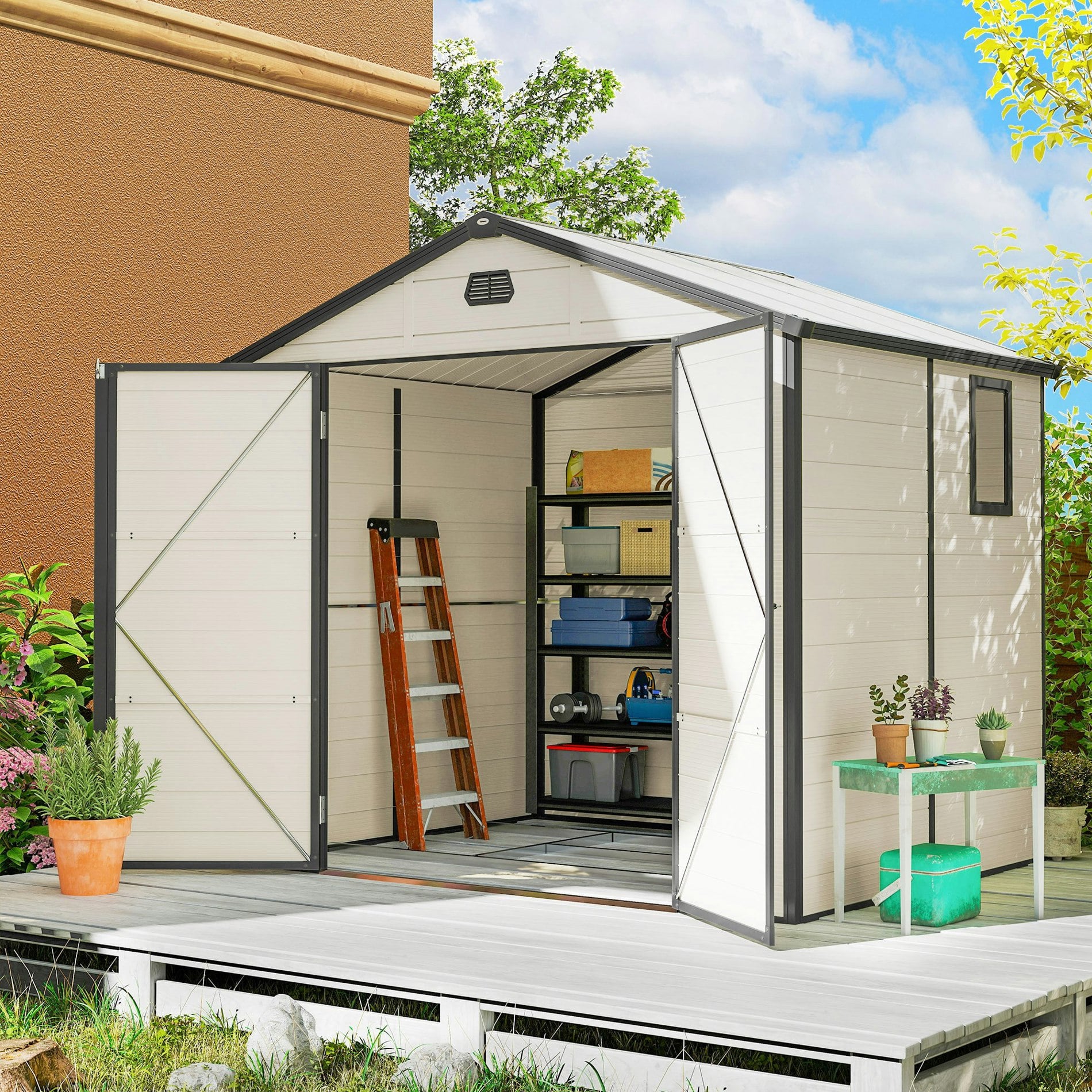 Outsunny 8 X 6Ft Garden Shed Storage W/ Foundation Kit, Vents, Cream White - Image 4