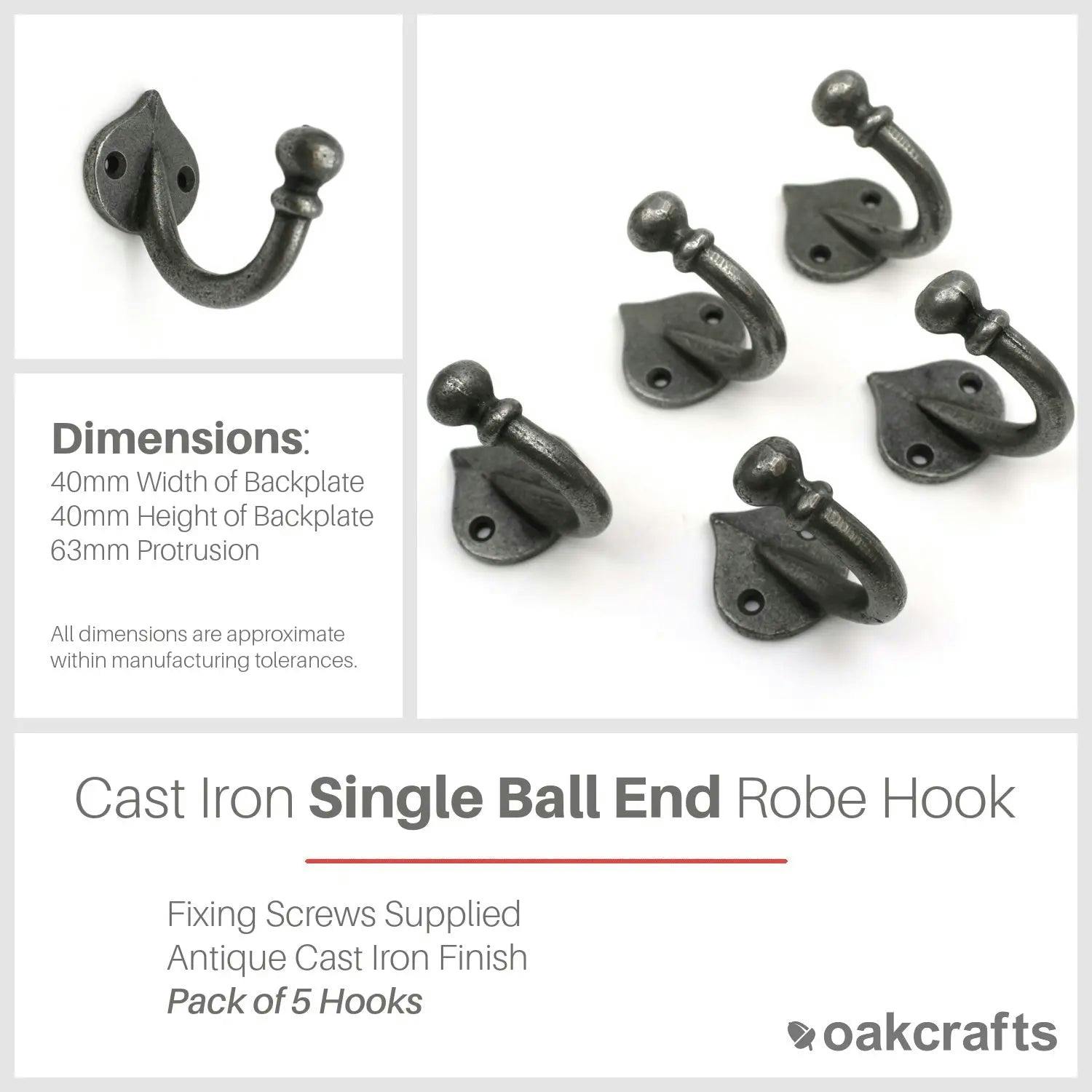 Rackhams Antique Cast Iron Single Ball End Hook - Pack Of 5 - Image 2
