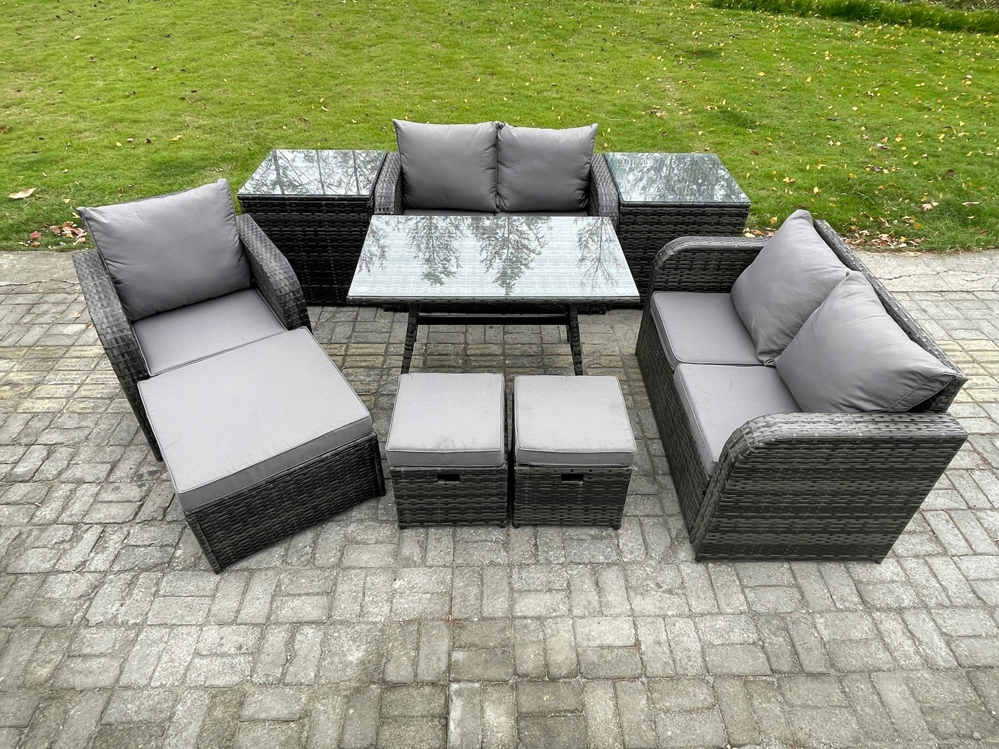 Rackhams Dark/Grey 8 Seater Outdoor Garden Dining Sets Rattan Furniture With Dining Table Armchairs Love Sofa 3 Footstools 2 Side Tables Mixed