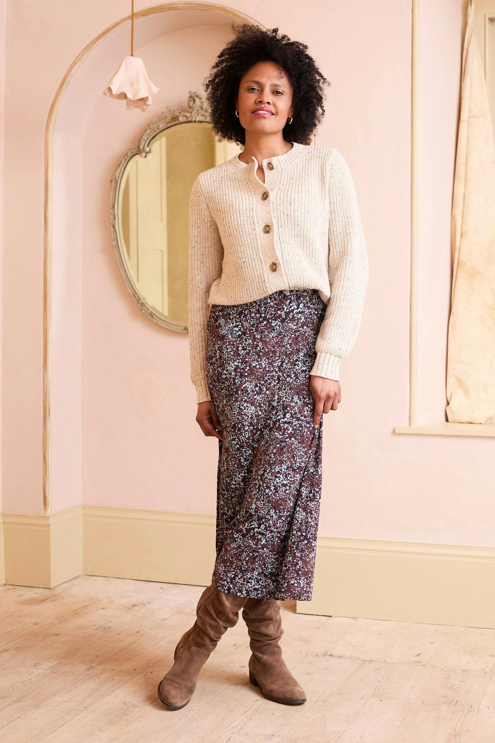 Lily & Me Lauren Floral Print Jersey Midi Skirt Chocolate - 10 - Chocolate