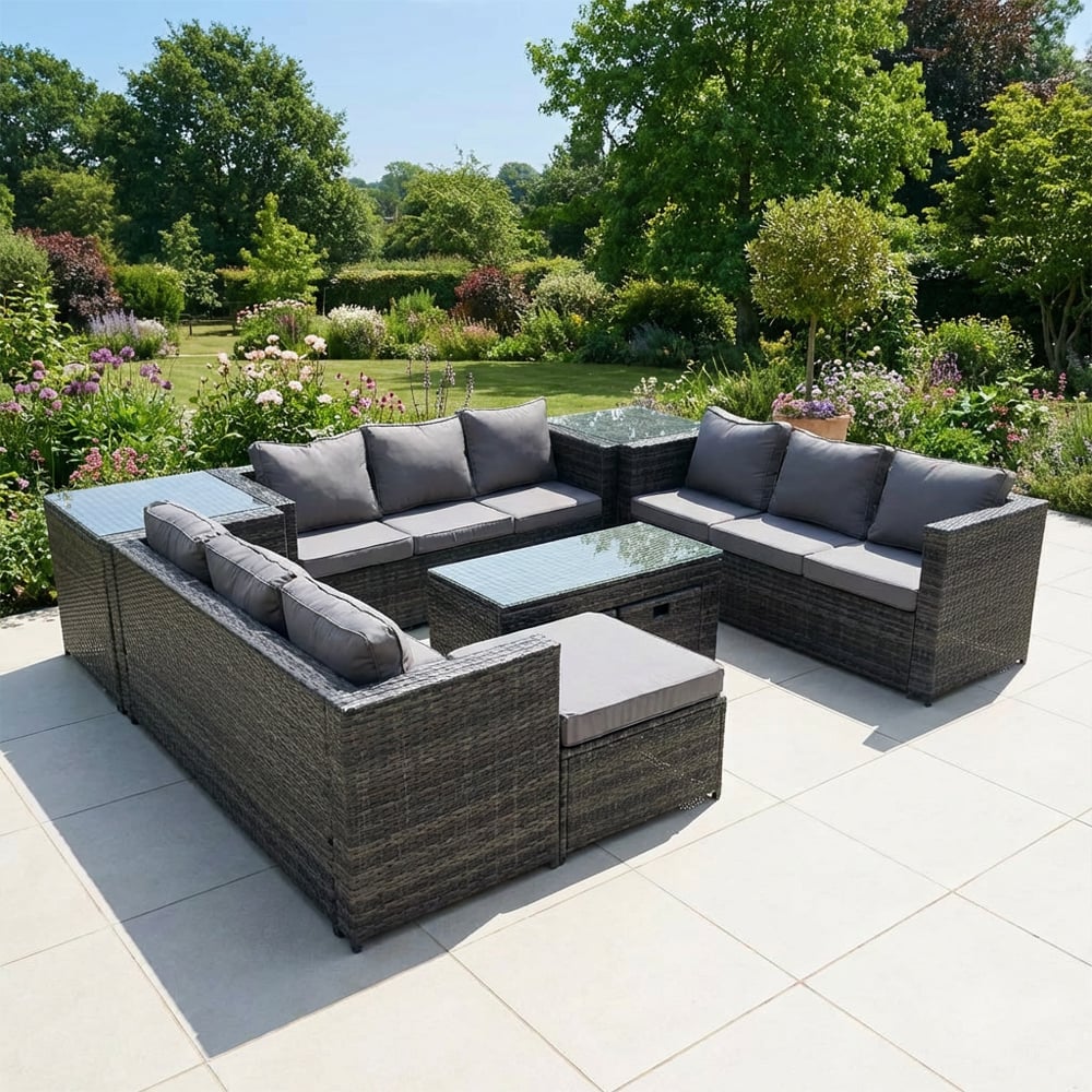 Rackhams Dark/Grey 12 Seater Rattan Garden Furniture Set With 3 Sofas, Coffee Table, 3 Footstools And 2 Side Tables