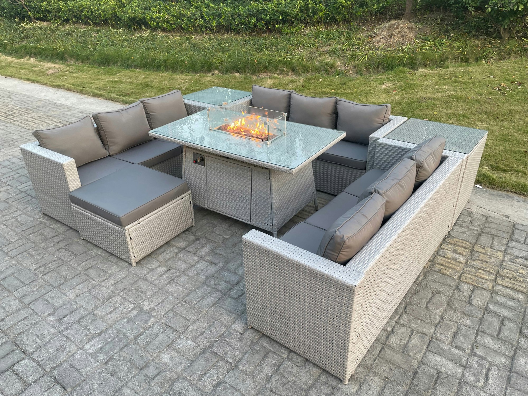 Fimous Light/Grey Rattan Outdoor Garden Furniture Set With Gas Fire Pit Burner, 3 Sofas, 2 Side Tables, 1 Footstool - 10 Seater
