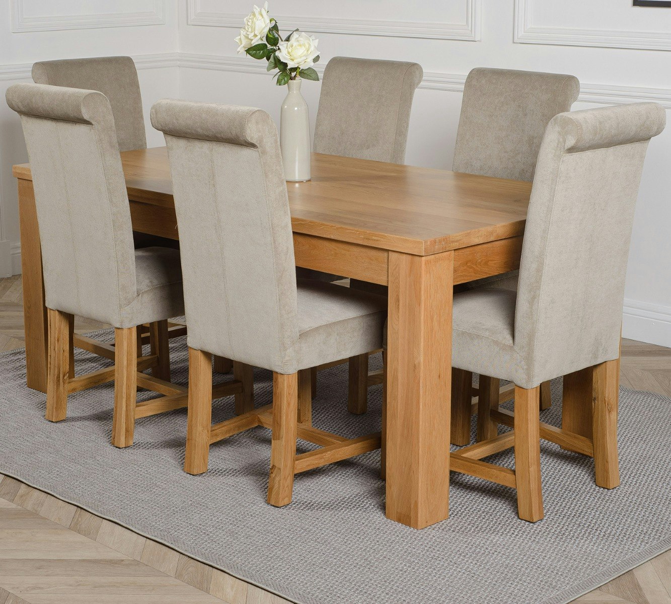 Rackhams Grey Dakota Large Oak Dining Table With Washington Fabric Chairs - 6 Chairs