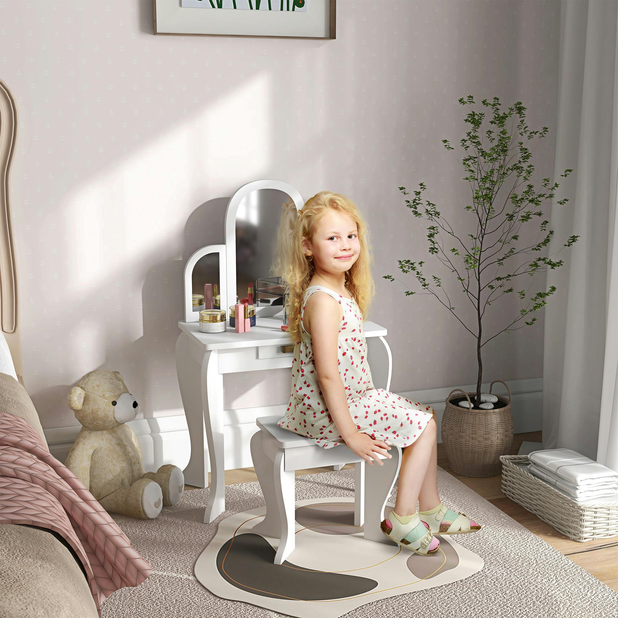 Rackhams White Kids Dressing Table Set Kids Vanity Set W/ Drawer, Mirror