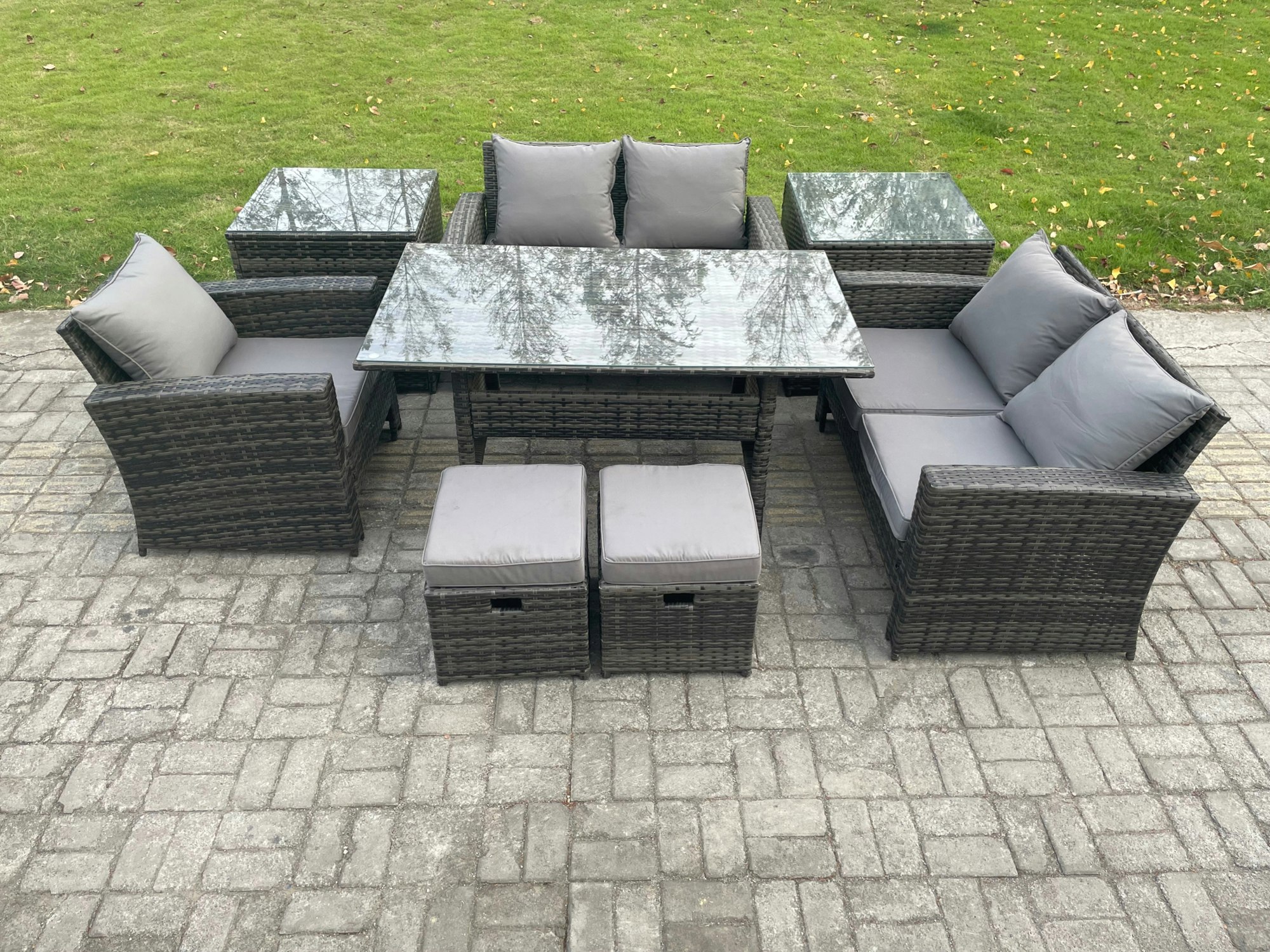 Rackhams Dark/Grey Outdoor Garden Dining Set - Mixed Pe Wicker Rattan Sofa With Rectangular Dining Table & 2 Small Footstools