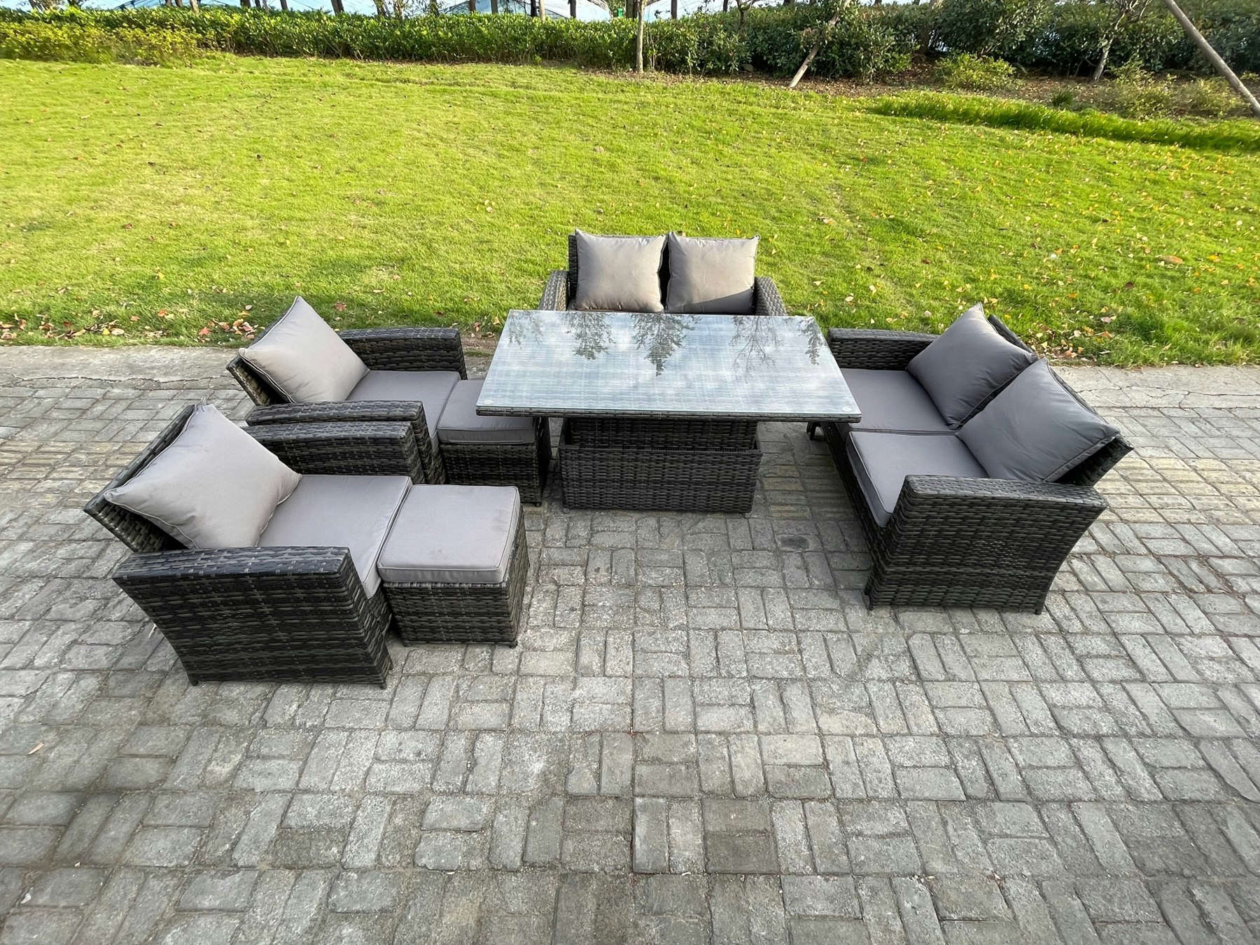 Fimous Dark/Grey Rattan Garden Furniture Sets Patio Outdoor Rising Lifting Table Sofa Set With Double Seat Sofa 2 Small Footstools Mixed