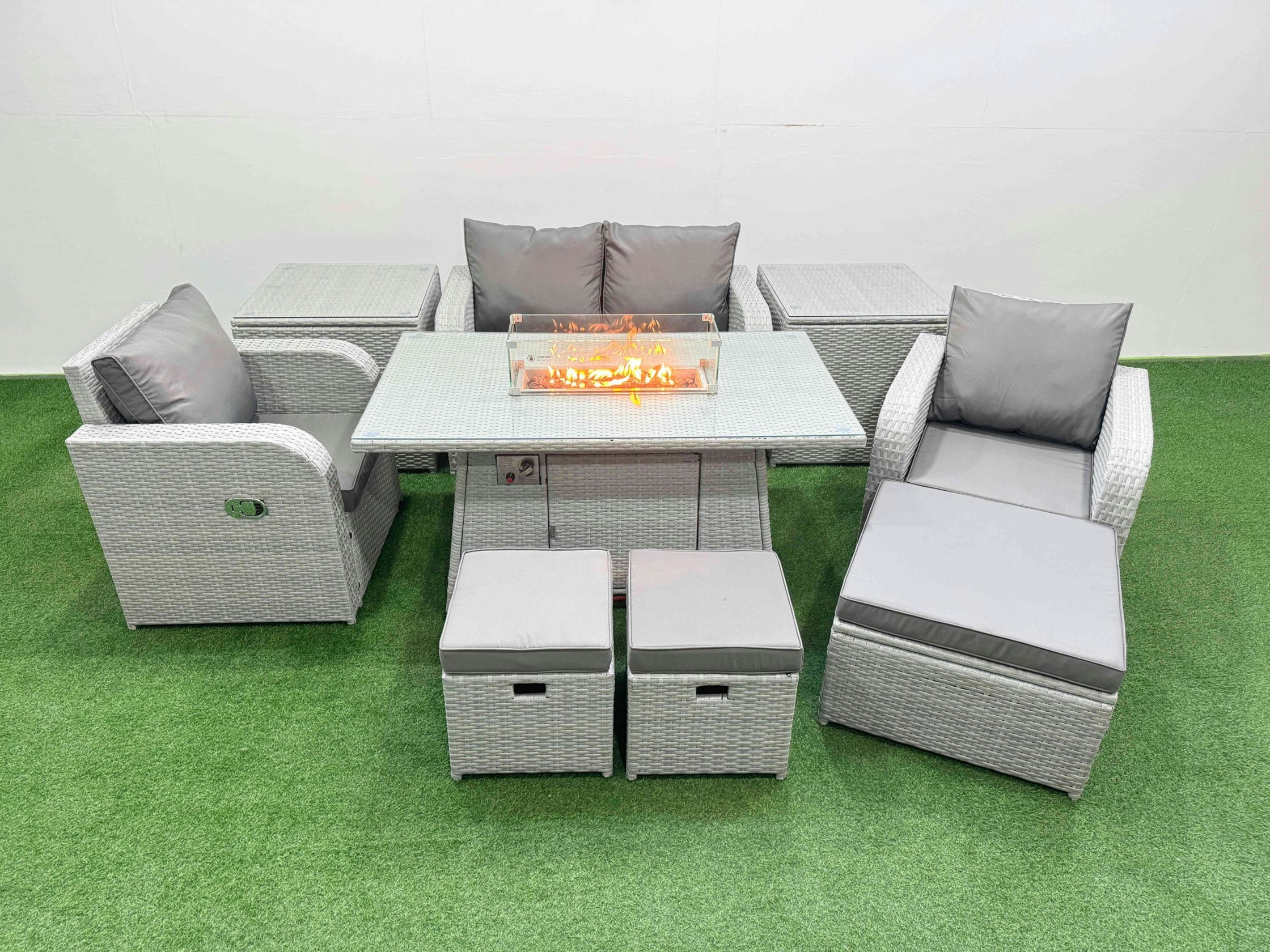 Fimous Light/Grey Pe Wicker Rattan Garden Furniture Set Sofa Set Reclining Chair Fire Pit Dining Table 7 Seater 3 Stools 2 Side Table