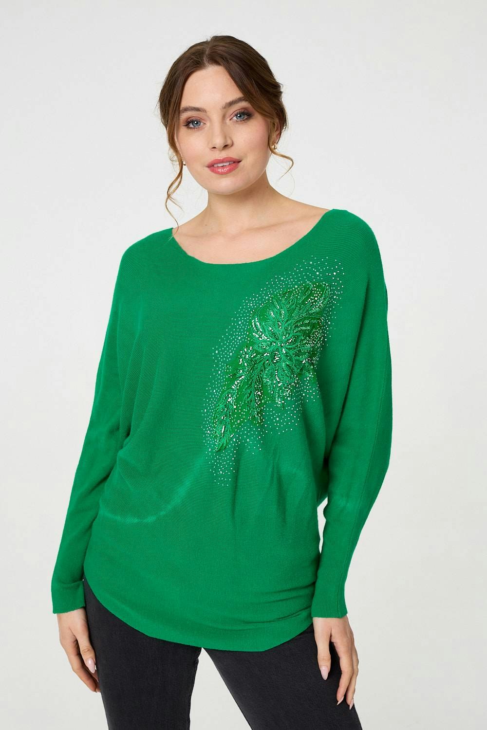 Izabel London Green Diamante Embroidered Long Sleeve Top - 14