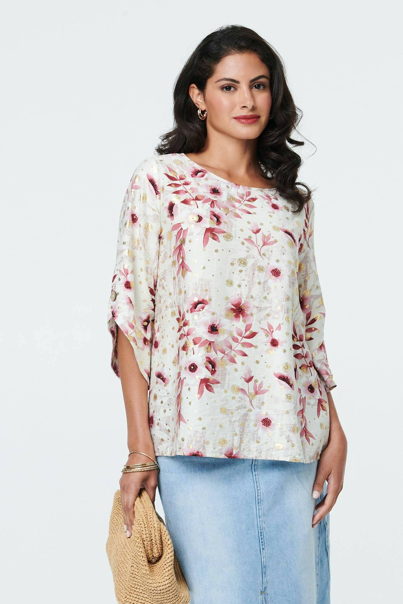 Izabel London Pink Floral Metallic Print 3/4 Sleeve Tunic - 8