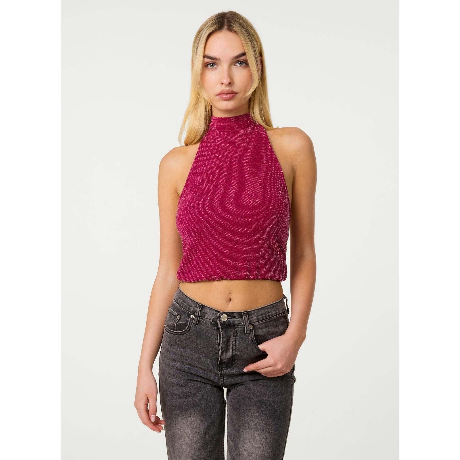 Pink Vanilla Sparkle Halter Neck Top - L - Wine