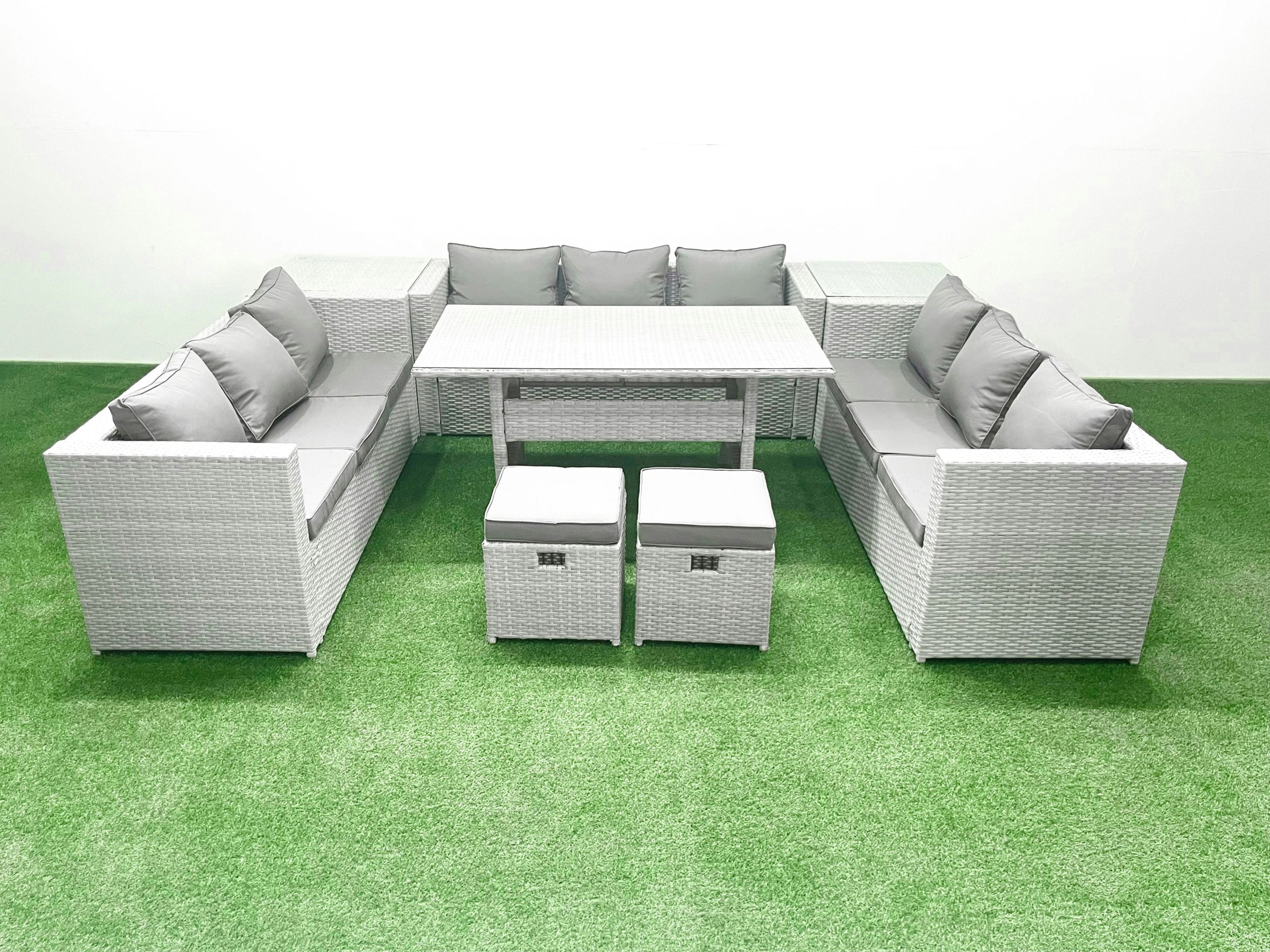 Rackhams Light/Grey Rattan Garden Outdoor Furniture Set 11 Seater Garden Sofa Rectangulr Dining Table Set With 2 Small Footstool 2 Side Tables Mixed