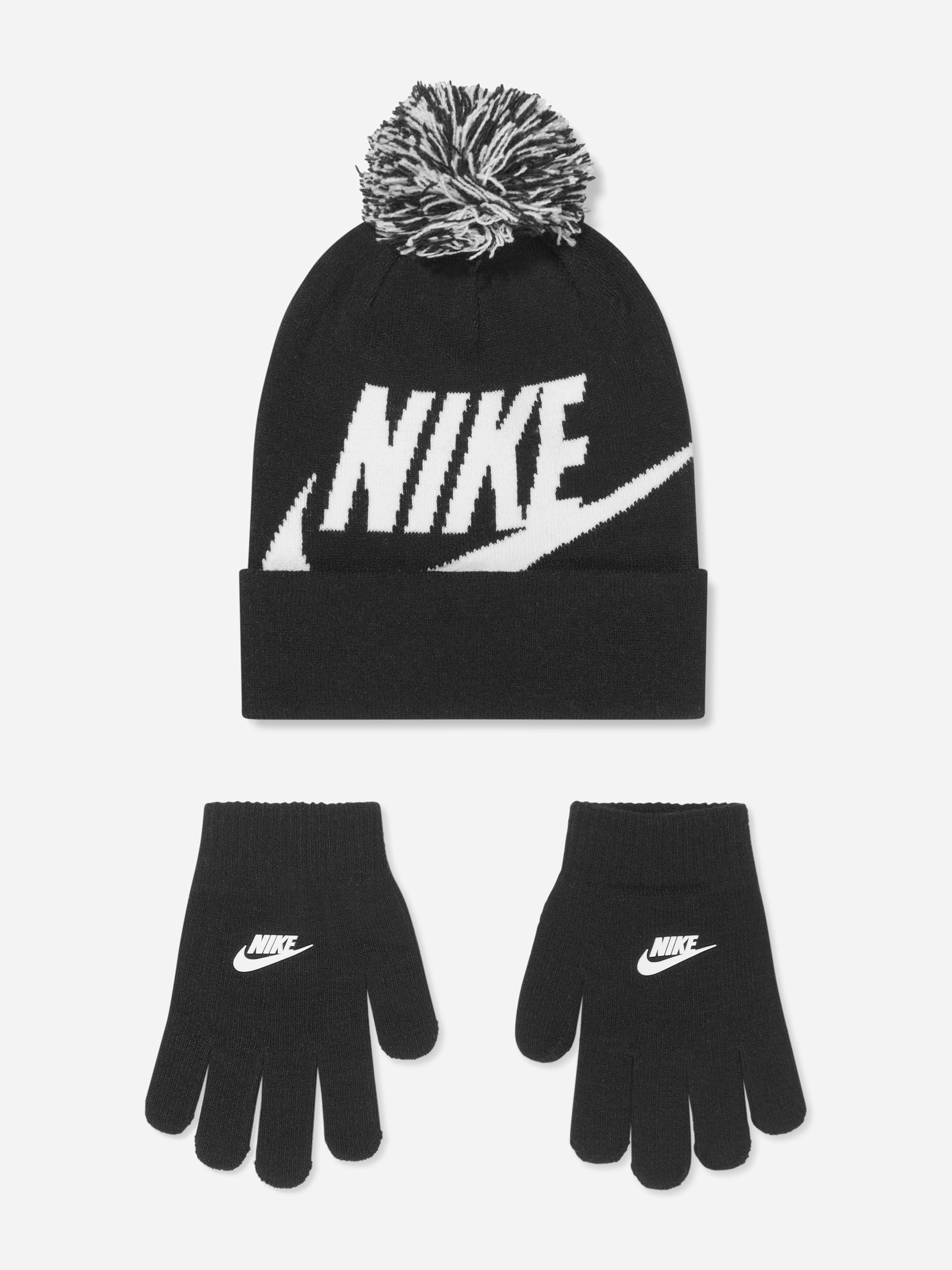 Nike Boys Black Swoosh Pom Beanie And Gloves Set In - 8 - 15 Yrs