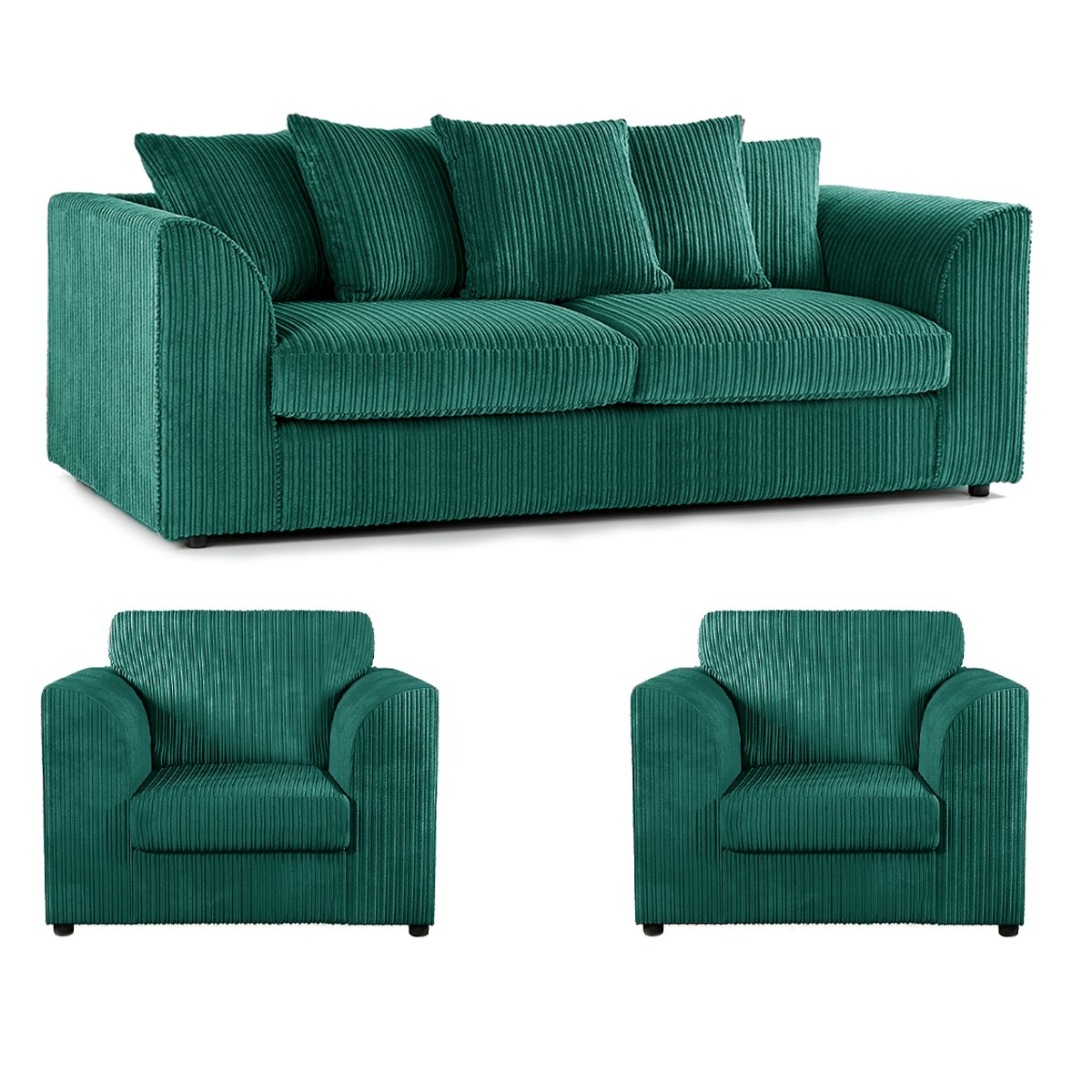 Rackhams Black Luxor Full Jumbo Cord 3 Seater And 2 X Armchairs - Scatter Back - Teal