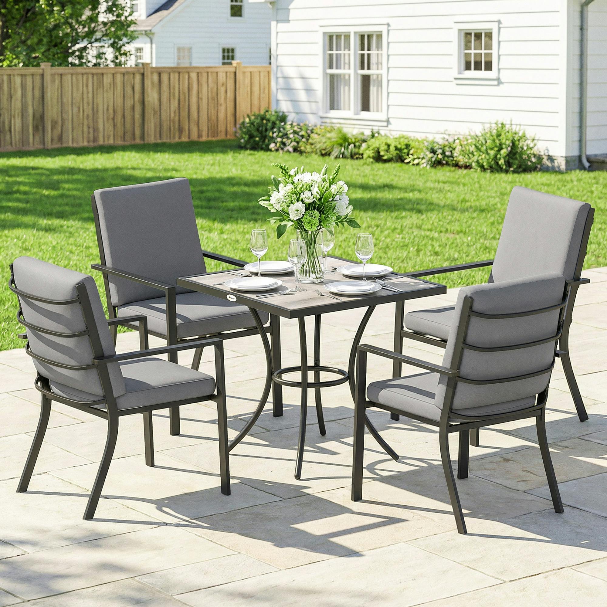 Rackhams 5 Pieces Outdoor Dining Set With Cushions, Garden Dining Set For 4 - Galvanised Steel, Polyester - 5-Piece Set - Table: 80 X 80 X 72 Cm, Chair: 58 X 72 X 92 Cm