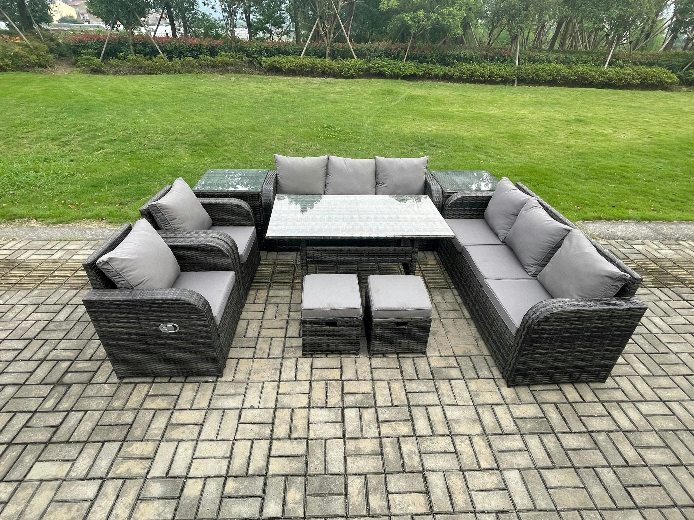 Fimous Dark/Grey 12 Seater Rattan Garden Furniture Set With Dining Table, 2 Sofas, 2 Reclining Chairs, 2 Side Tables, 2 Footstools - Mixed