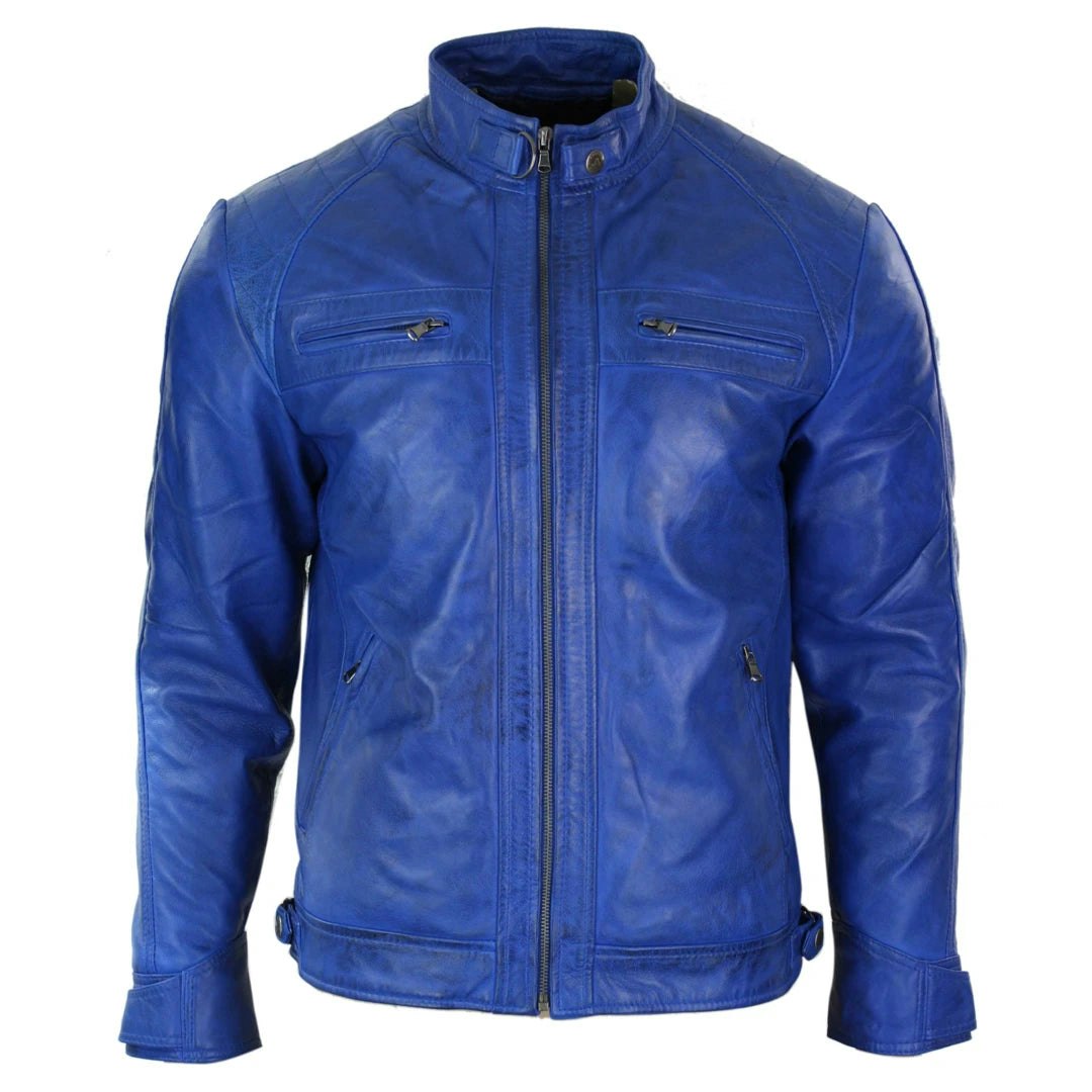 Aviatrix Men's Blue Zipped Short Biker Leather Jacket - 5XL - Model 1