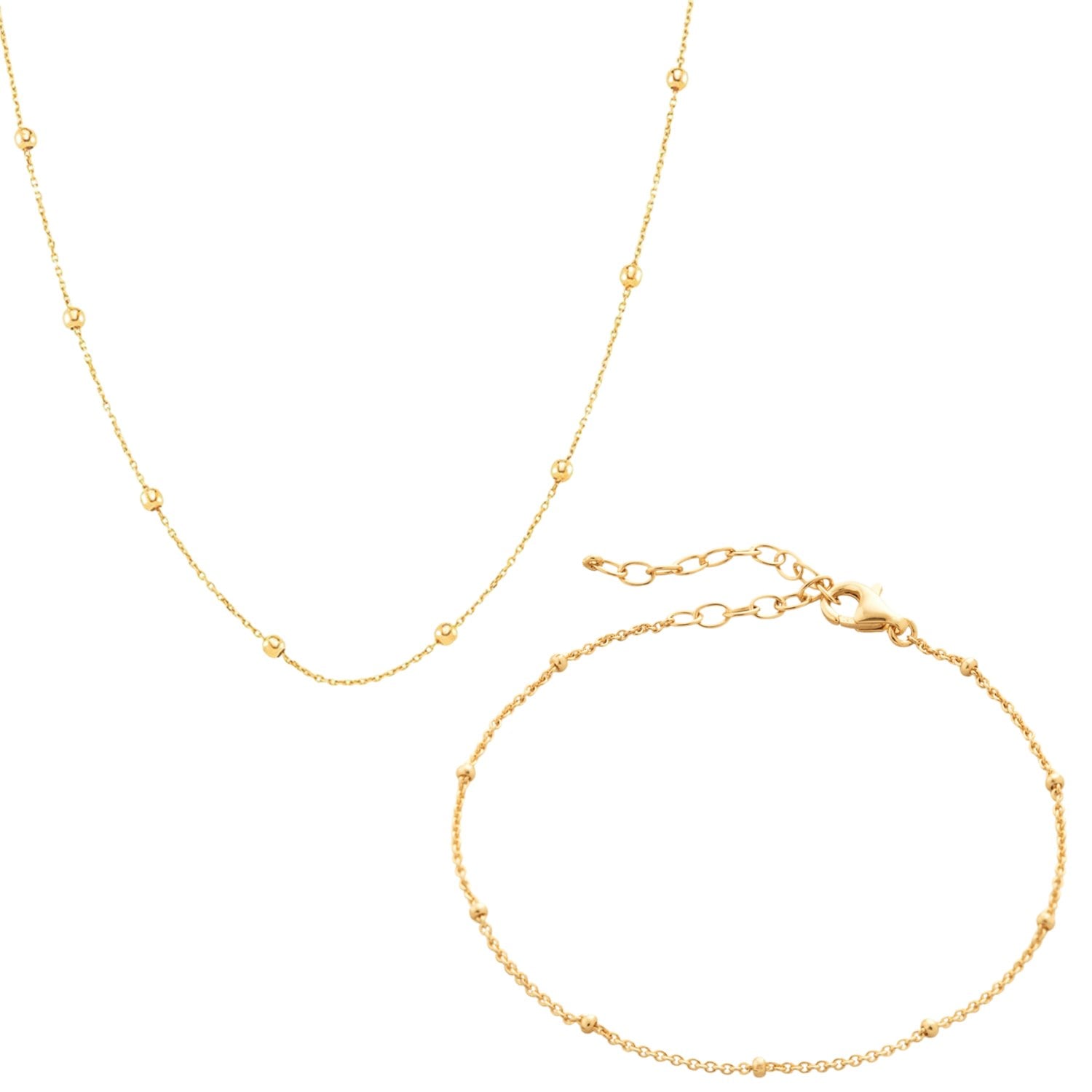 Spero London Silver/Gold Bead Chain Sterling Satellite Necklace And Bracelet Set