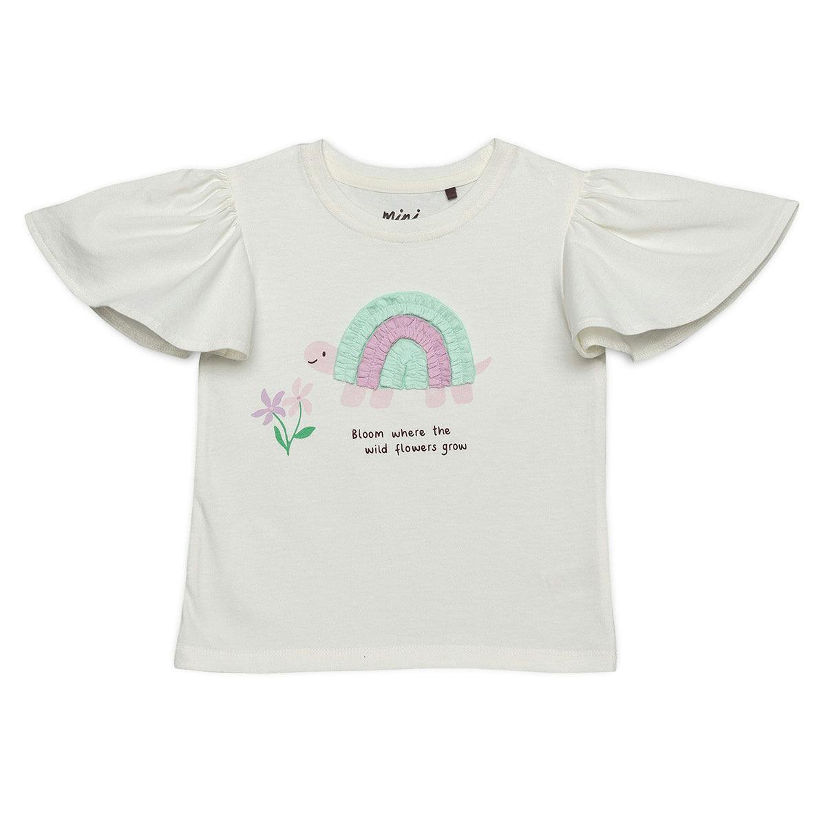 Mini Cuddles Women's White Baby Girls Turtle Applique Flared Sleeve Top, Off - 18-24 Months