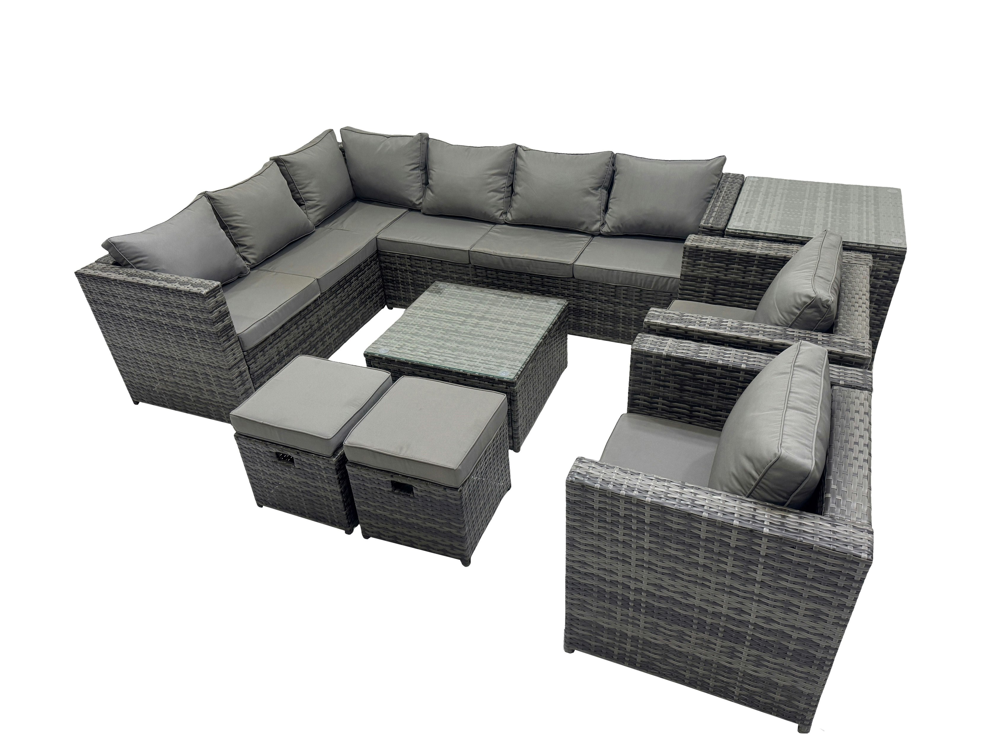 Fimous Dark/Grey Rattan Garden Furniture Patio Furniture Sets With Corner Sofa Square Coffee Table 2 Small Footstools Side Table Mixed