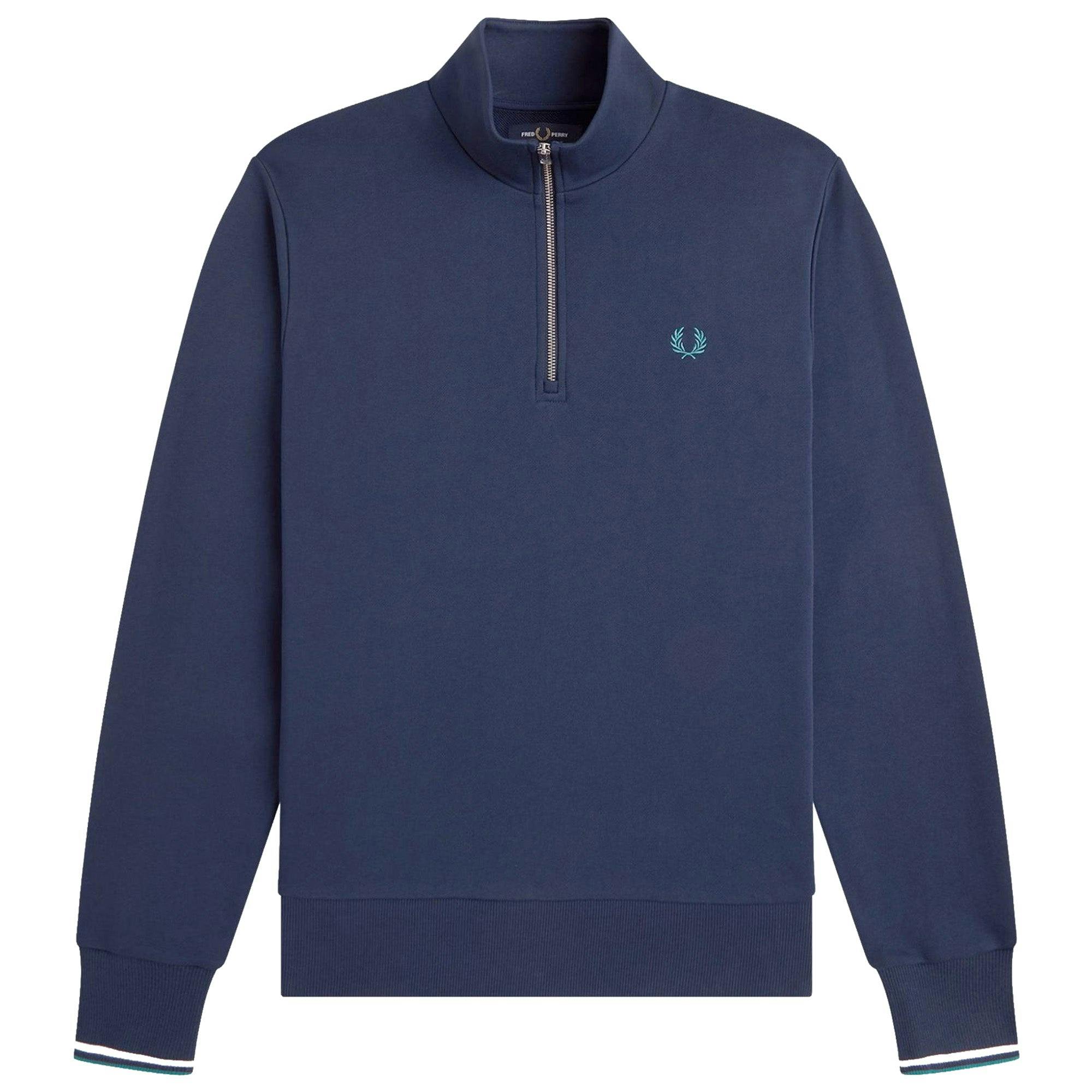 Fred Perry Blue/White Half Zip Sweatshirt - Tennis /Snow White/Deep Mint - Small