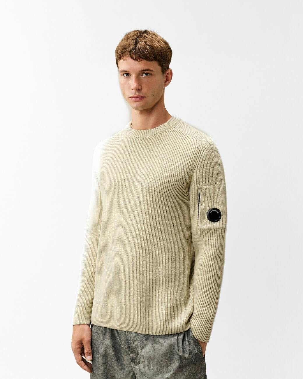 C.p. Company Men's Silver Lens Full Rib Cotton Crew Neck Jumper - Birch 120 - Birch 120 - M