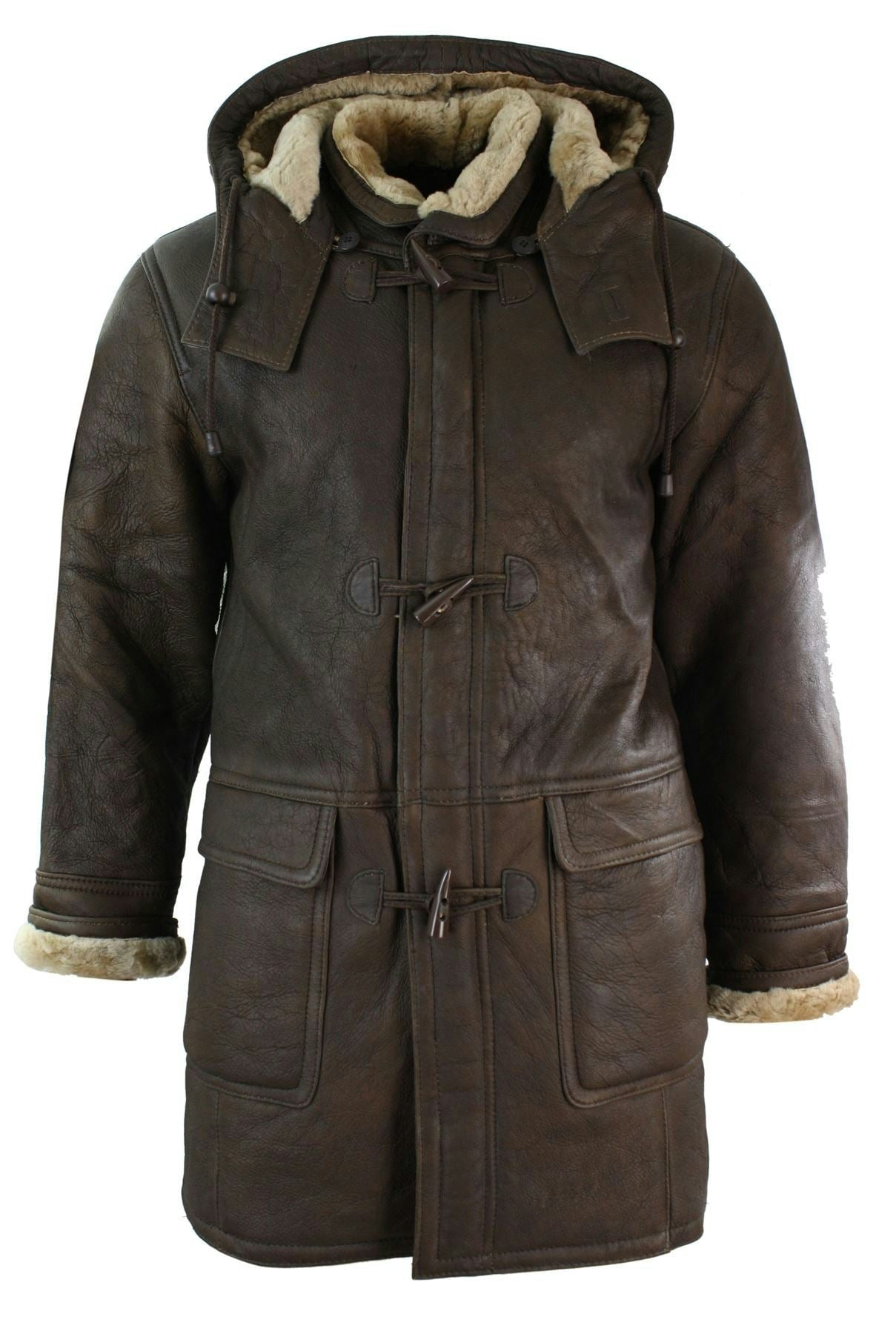 Infinity Leather Men's Winter Sheepskin Leather Duffle Safari Jacket Tan Ginger & Ginger Hood - Small